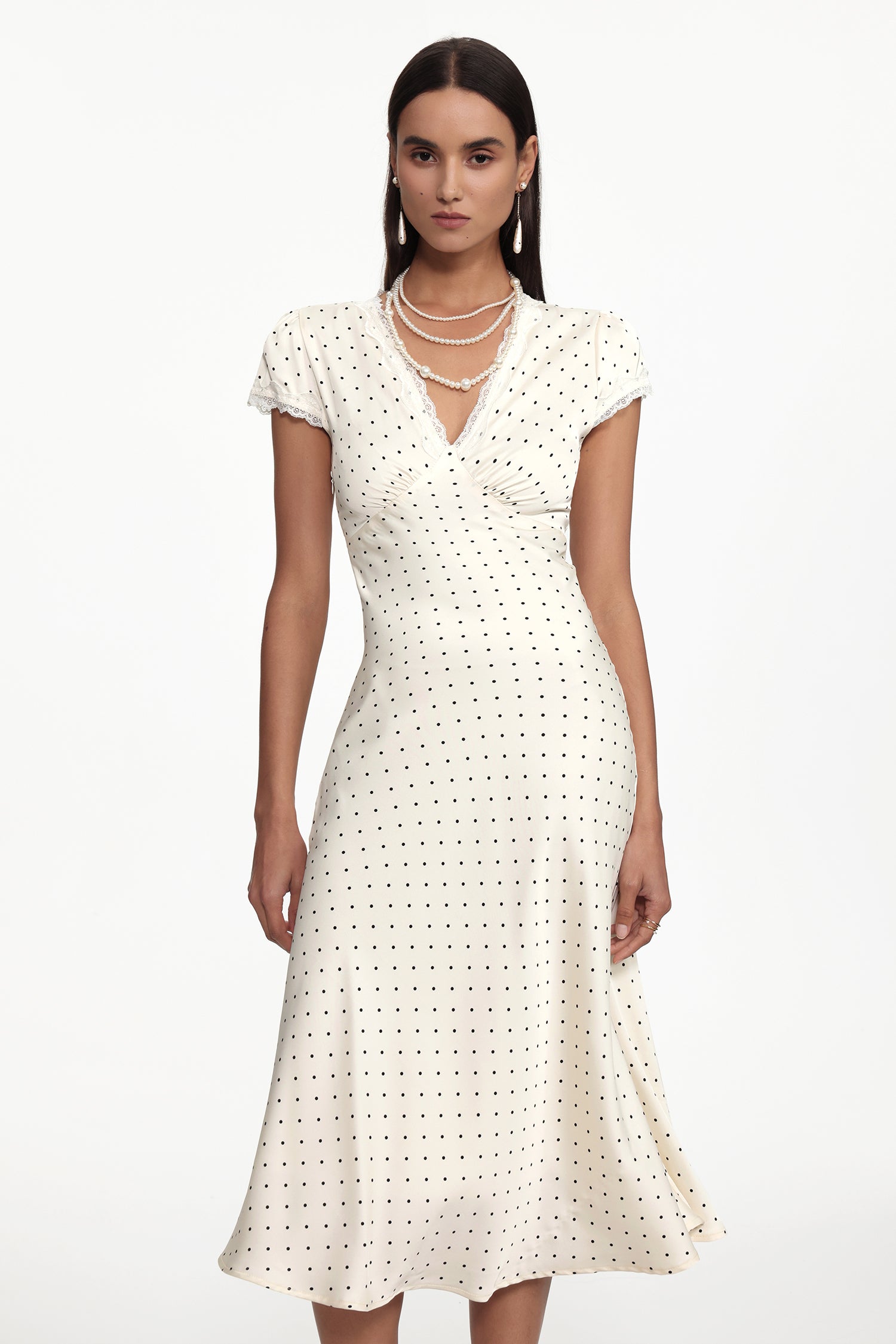 Hazel Classic Cinched Waist V Neck Short Sleeve Polka Dot Lace Woven Maxi Dress	
