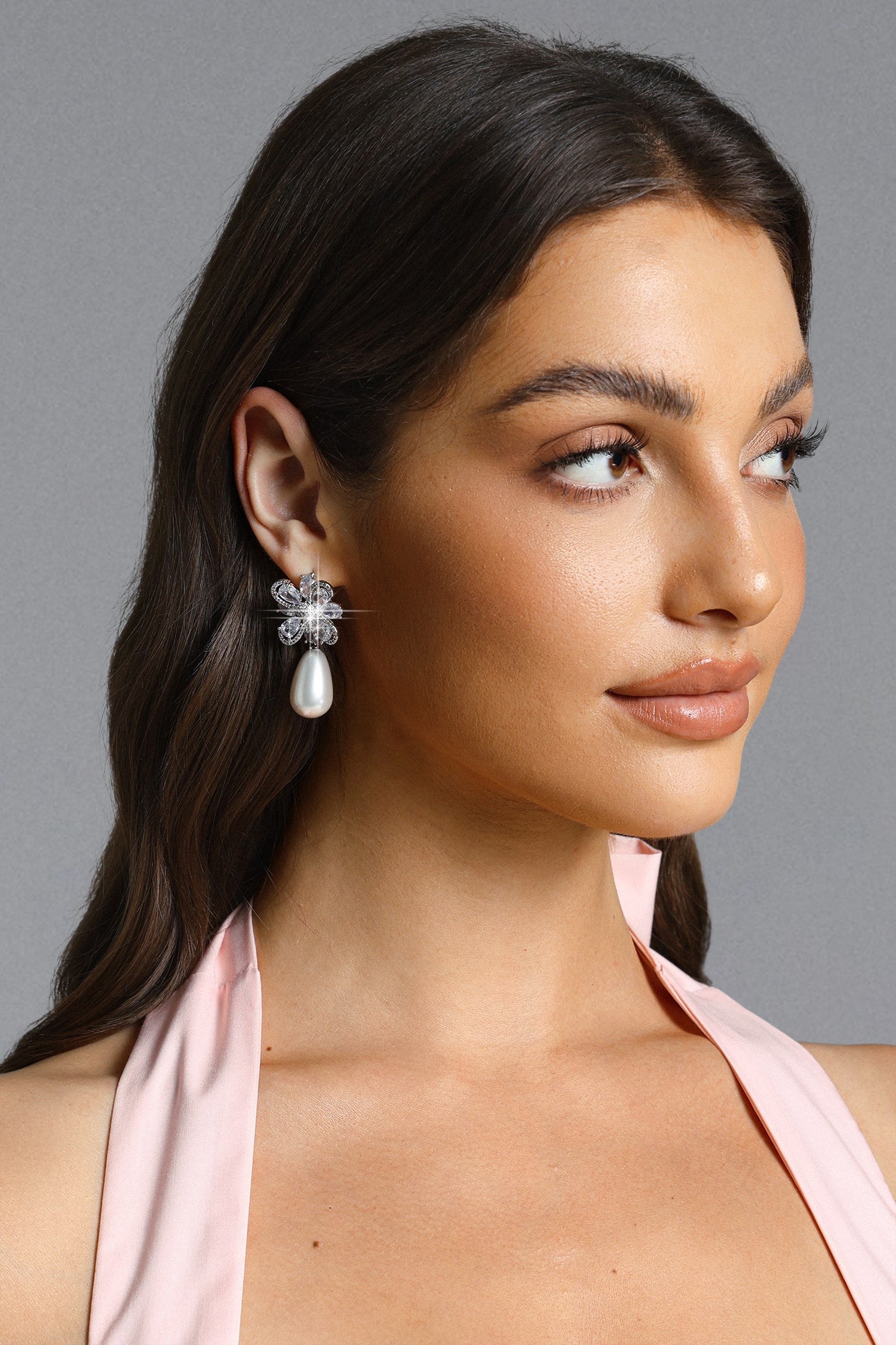Oval Flower Pearl Drop Earrings	
