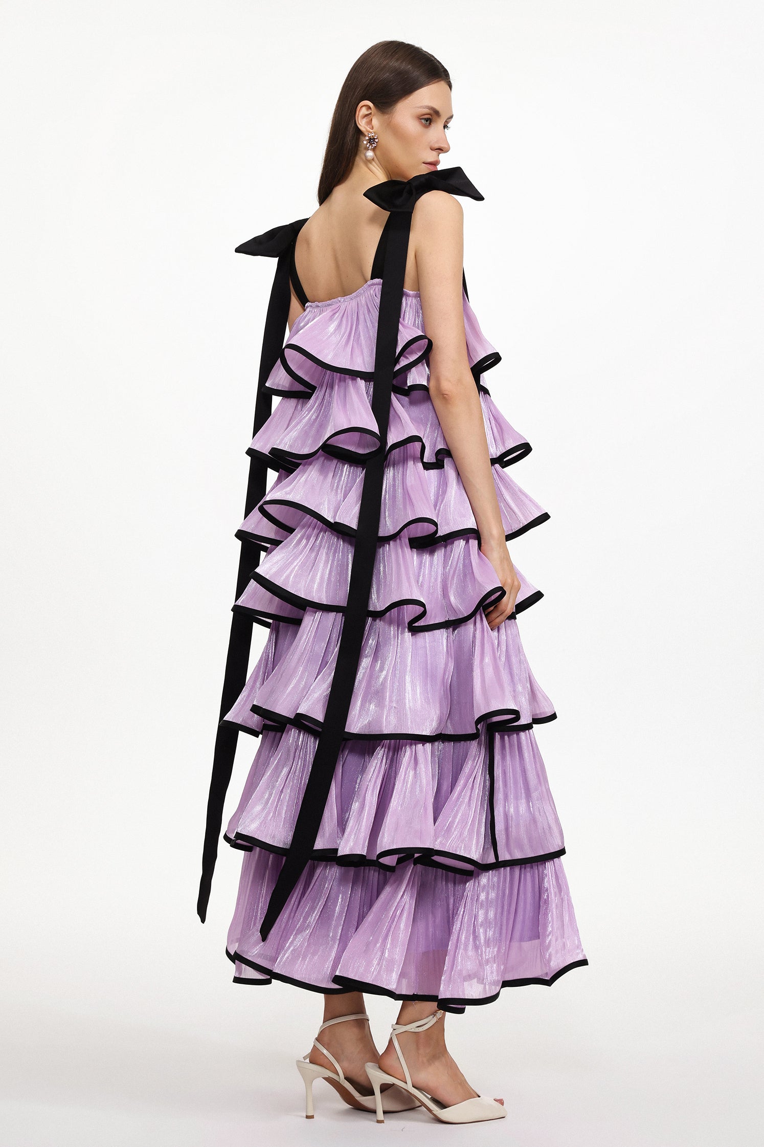 Uareni Resort Flowy Bow Strap Pleated Organza Maxi Dress	