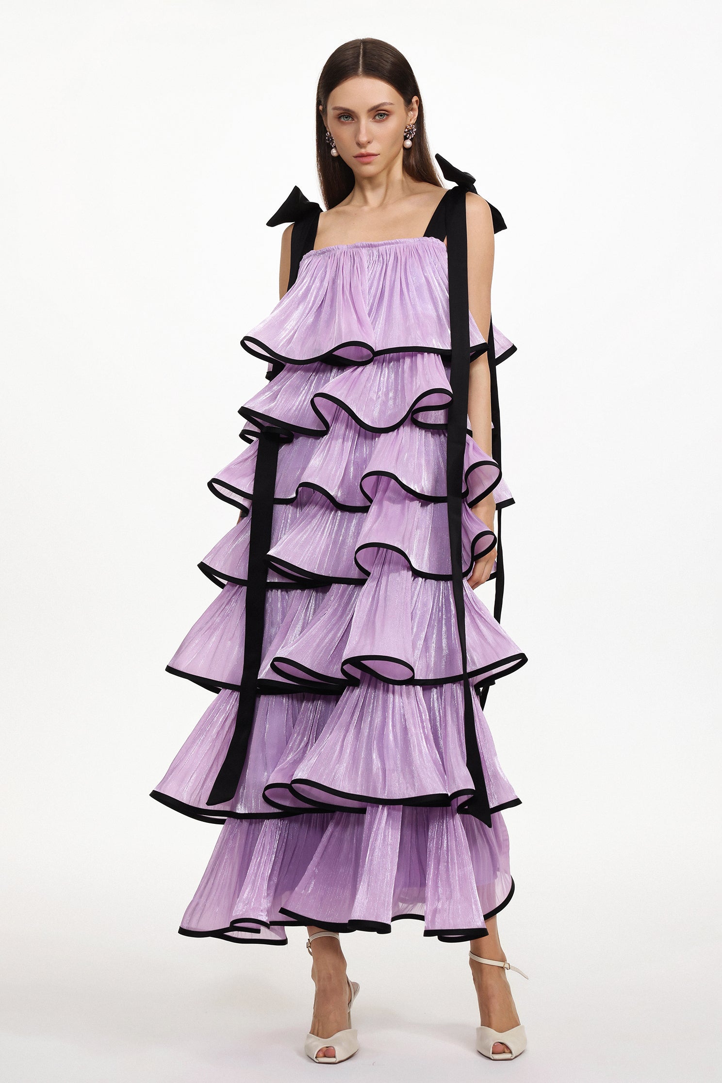 Uareni Resort Flowy Bow Strap Pleated Organza Maxi Dress	