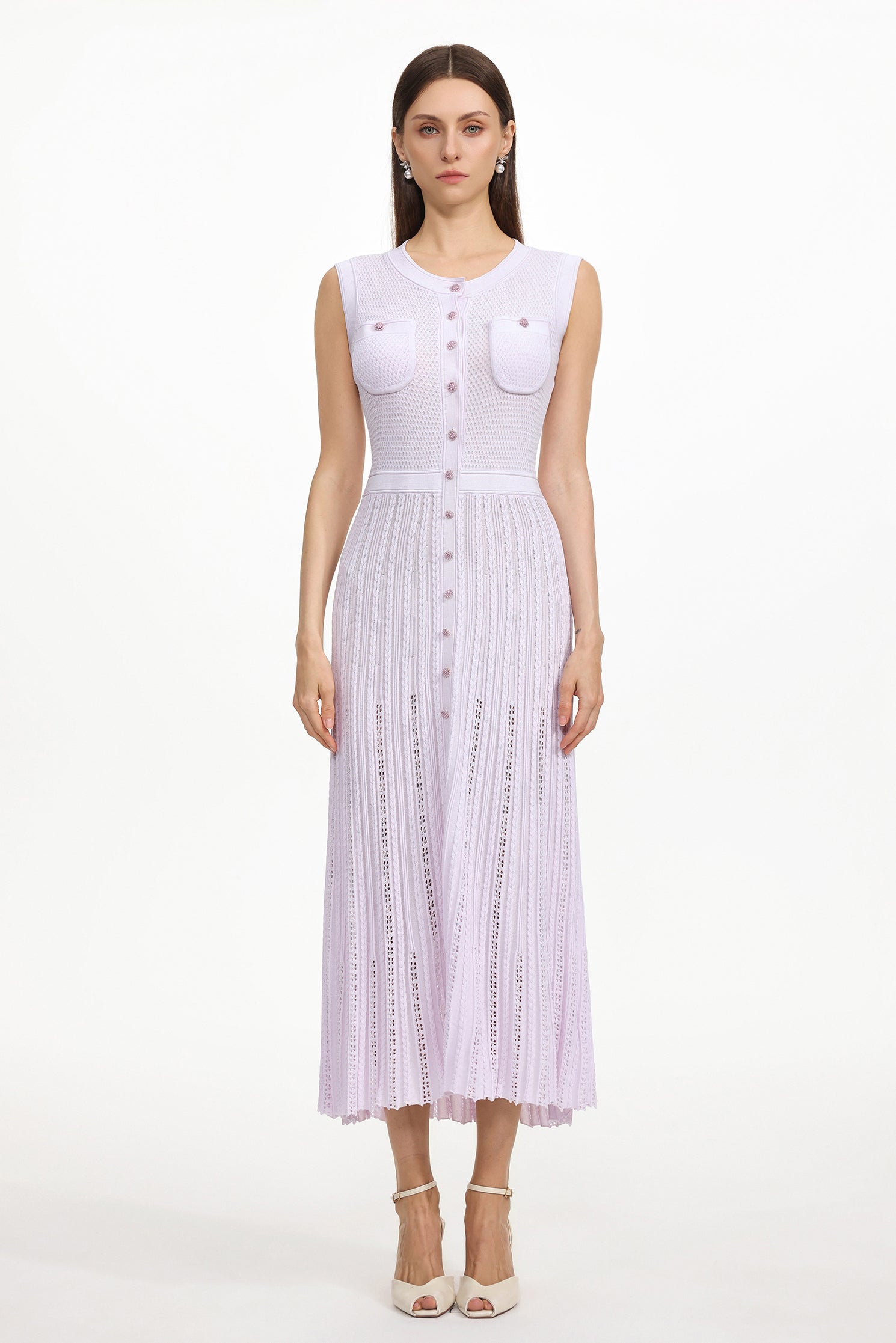 Panra Classic Contour Round Neck Sleeveless Pleated Knit Maxi Dress	