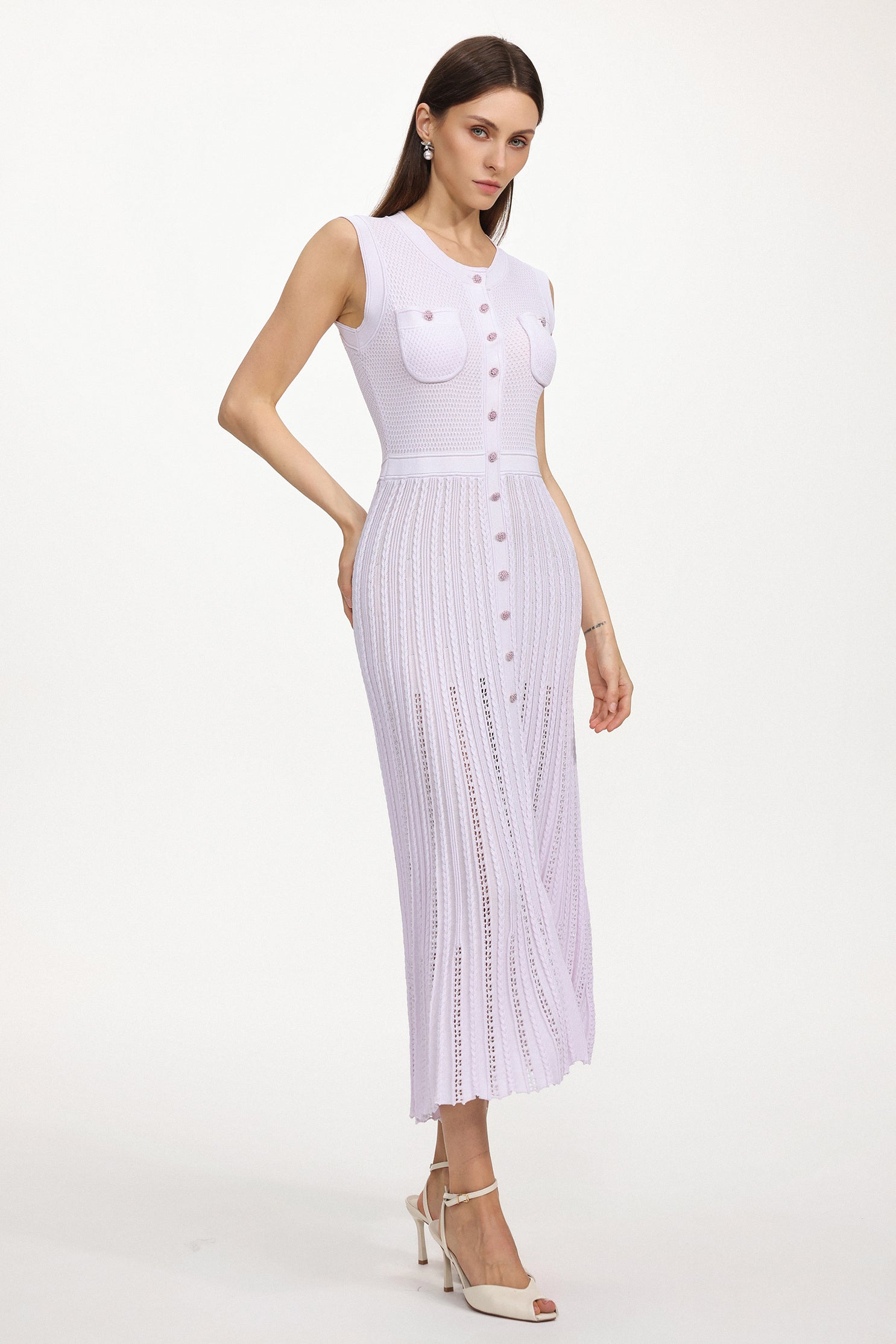 Panra Classic Contour Round Neck Sleeveless Pleated Knit Maxi Dress	