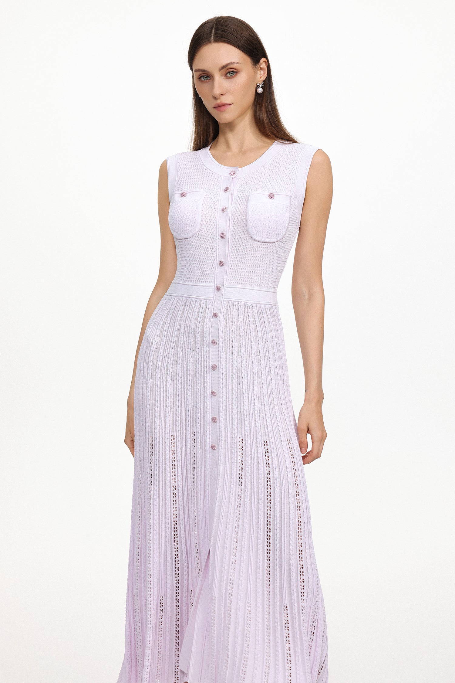 Panra Classic Contour Round Neck Sleeveless Pleated Knit Maxi Dress	