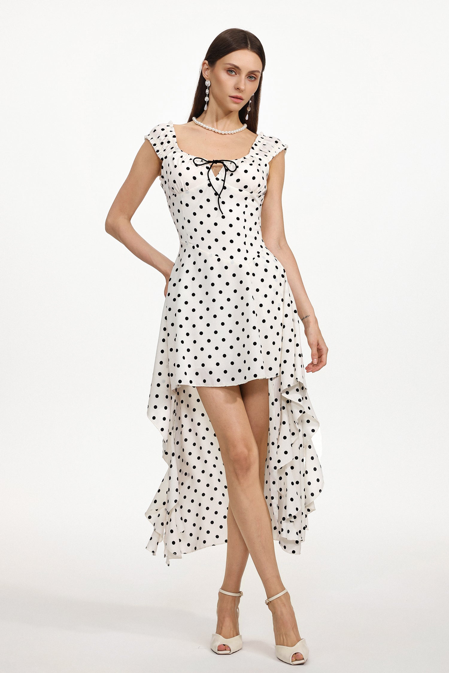 Fennel Resort Flowy Sleeveless Bow Polka Dot Chiffon Mini Dress	