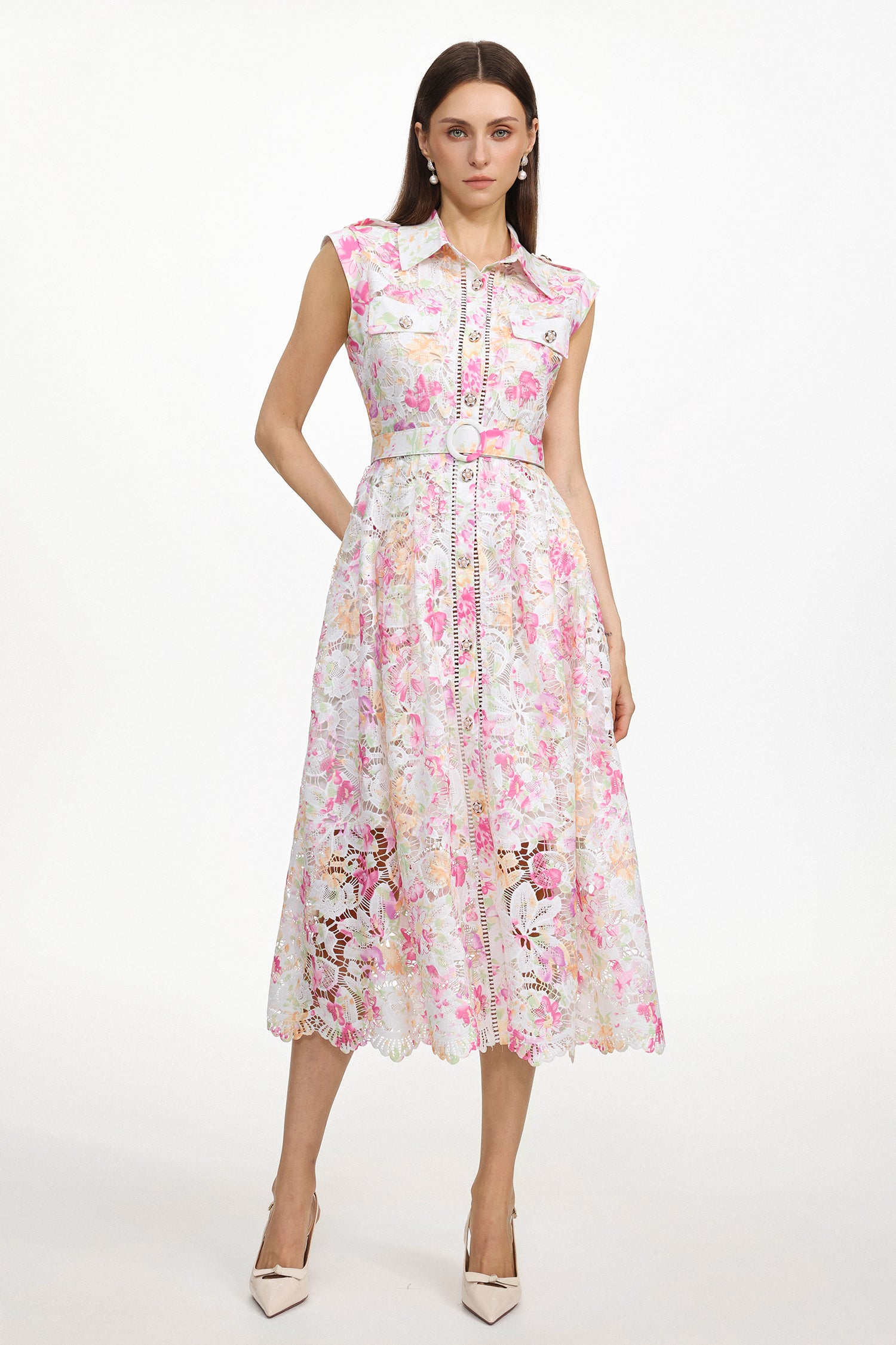 Viya Classic Tailored Sleeveless Floral Print Lace Maxi Dress	