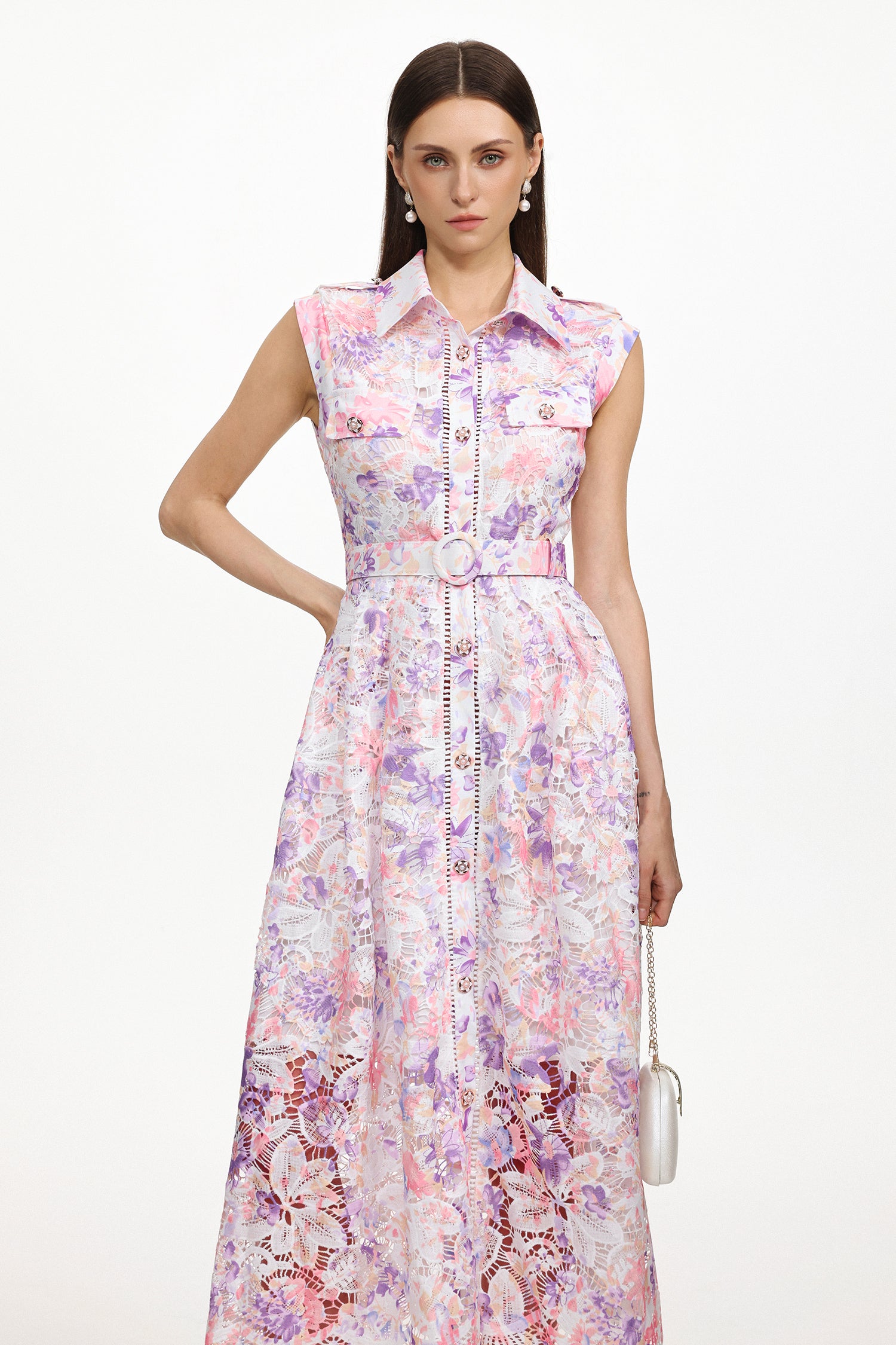 Viya Classic Tailored Sleeveless Floral Print Lace Maxi Dress	