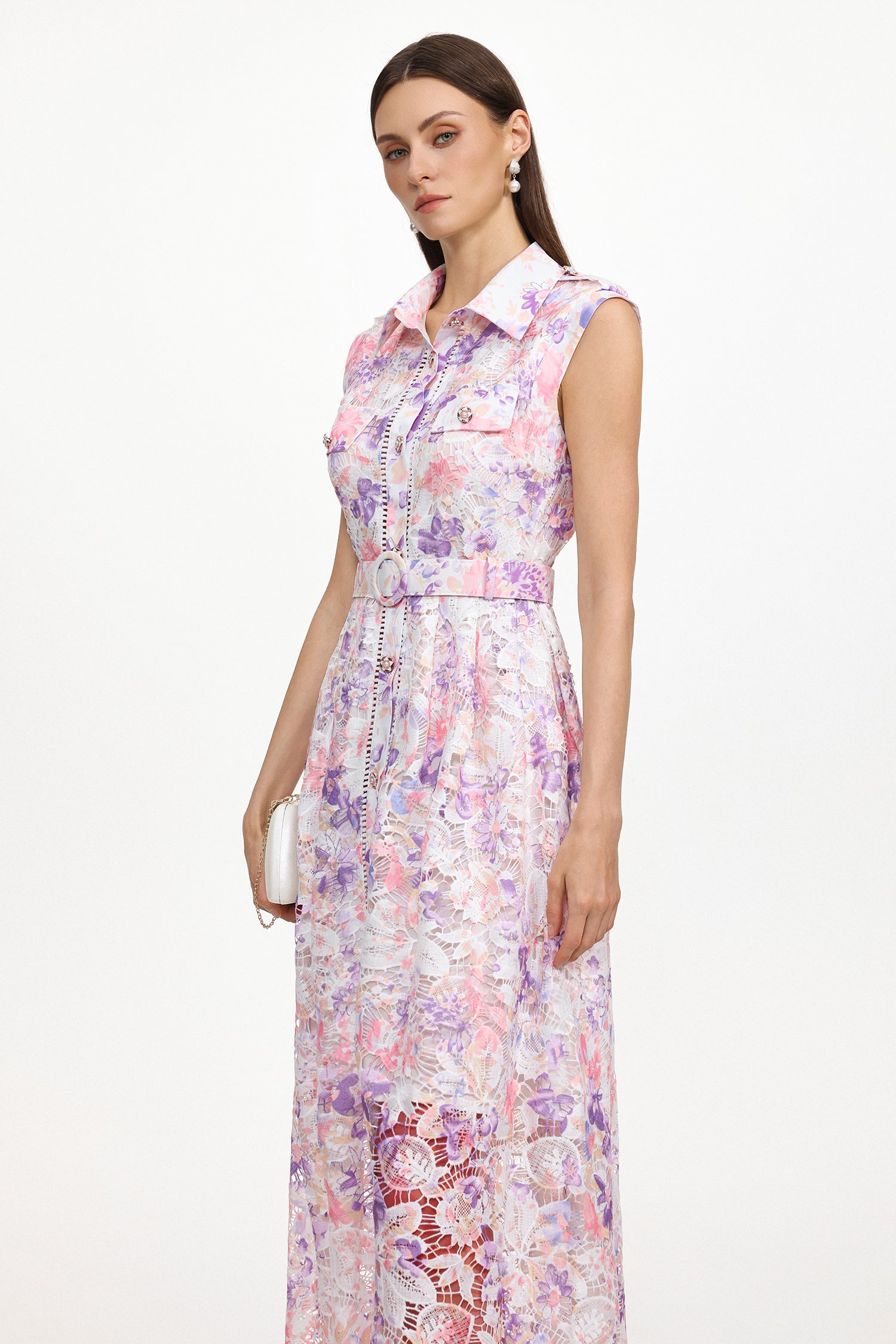 Viya Classic Tailored Sleeveless Floral Print Lace Maxi Dress	