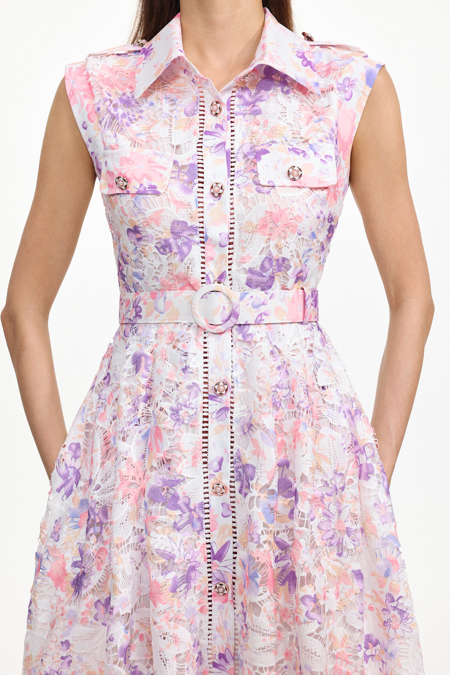 Viya Classic Tailored Sleeveless Floral Print Lace Maxi Dress	