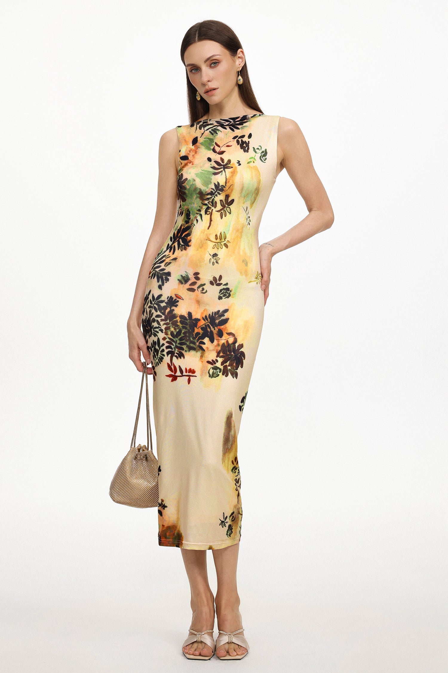 Kristie Elegant Contour Sleeveless Floral Print Knit Maxi Dress	
