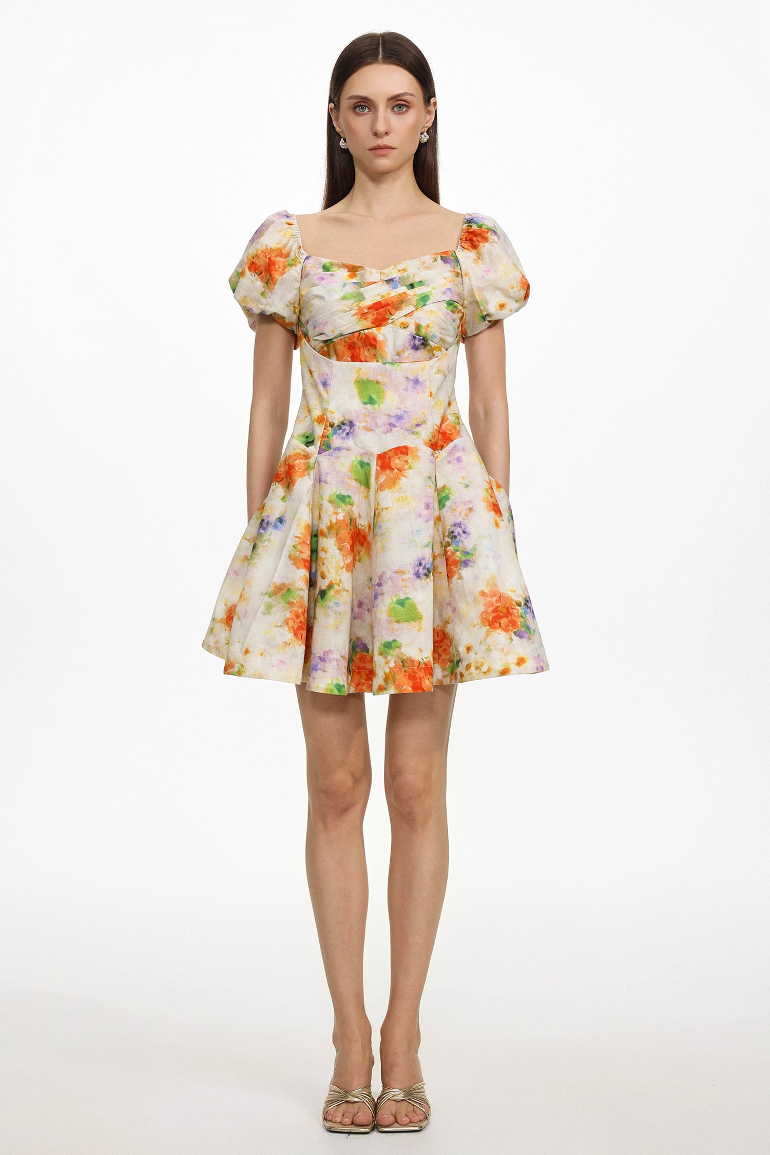 Gearoid Resort Tailored Ruched Puff Sleeve Floral Print Woven Mini Dress	