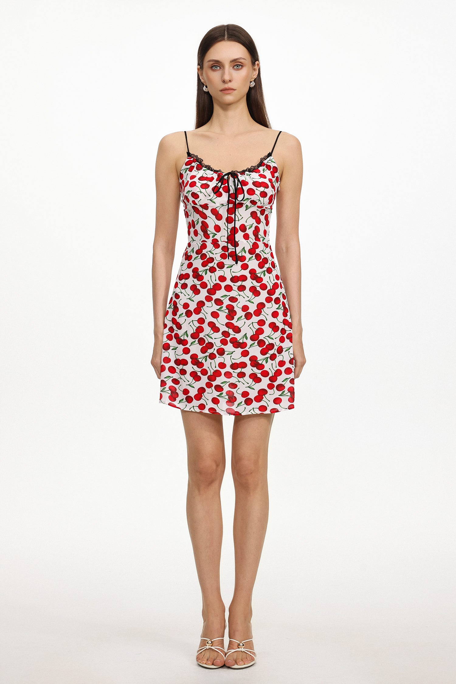 Eleanore Resort Cinched Sleeveless Cherry Print Chiffon Mini Dress	
