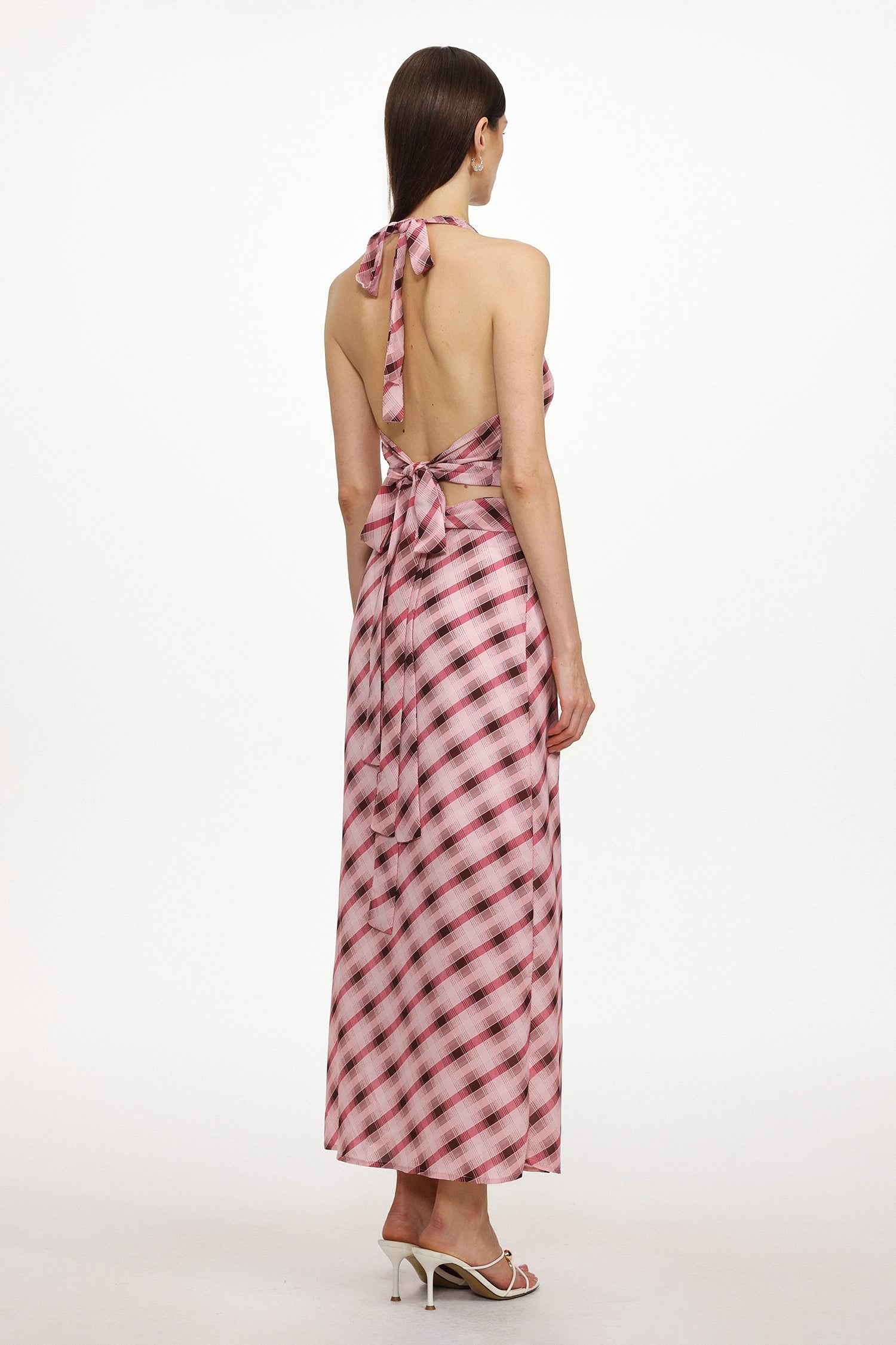Ivory Resort Flowy Sleeveless Backless Plaid Chiffon Top and Skirt Two Piece Set	