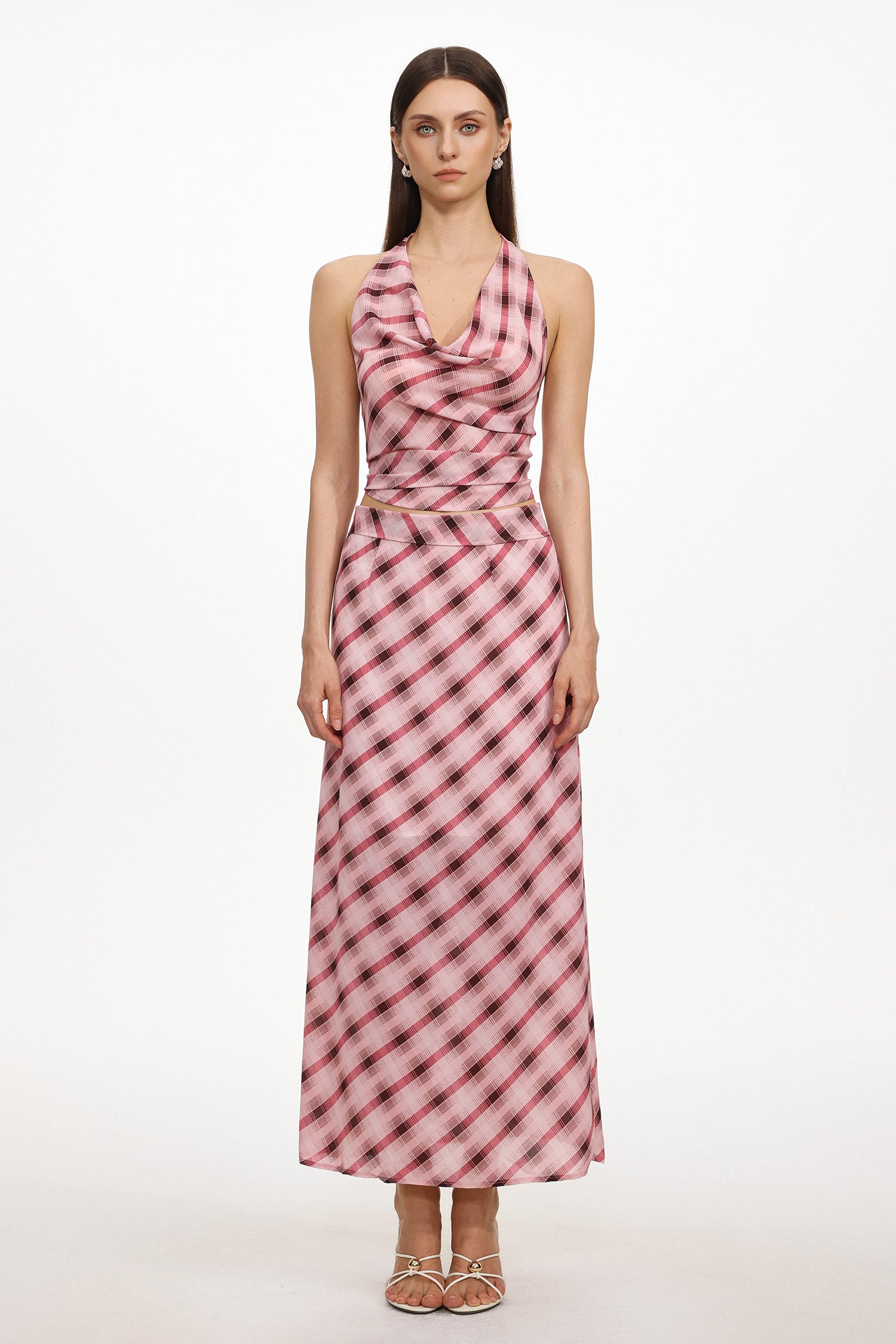 Ivory Resort Flowy Sleeveless Backless Plaid Chiffon Top and Skirt Two Piece Set	