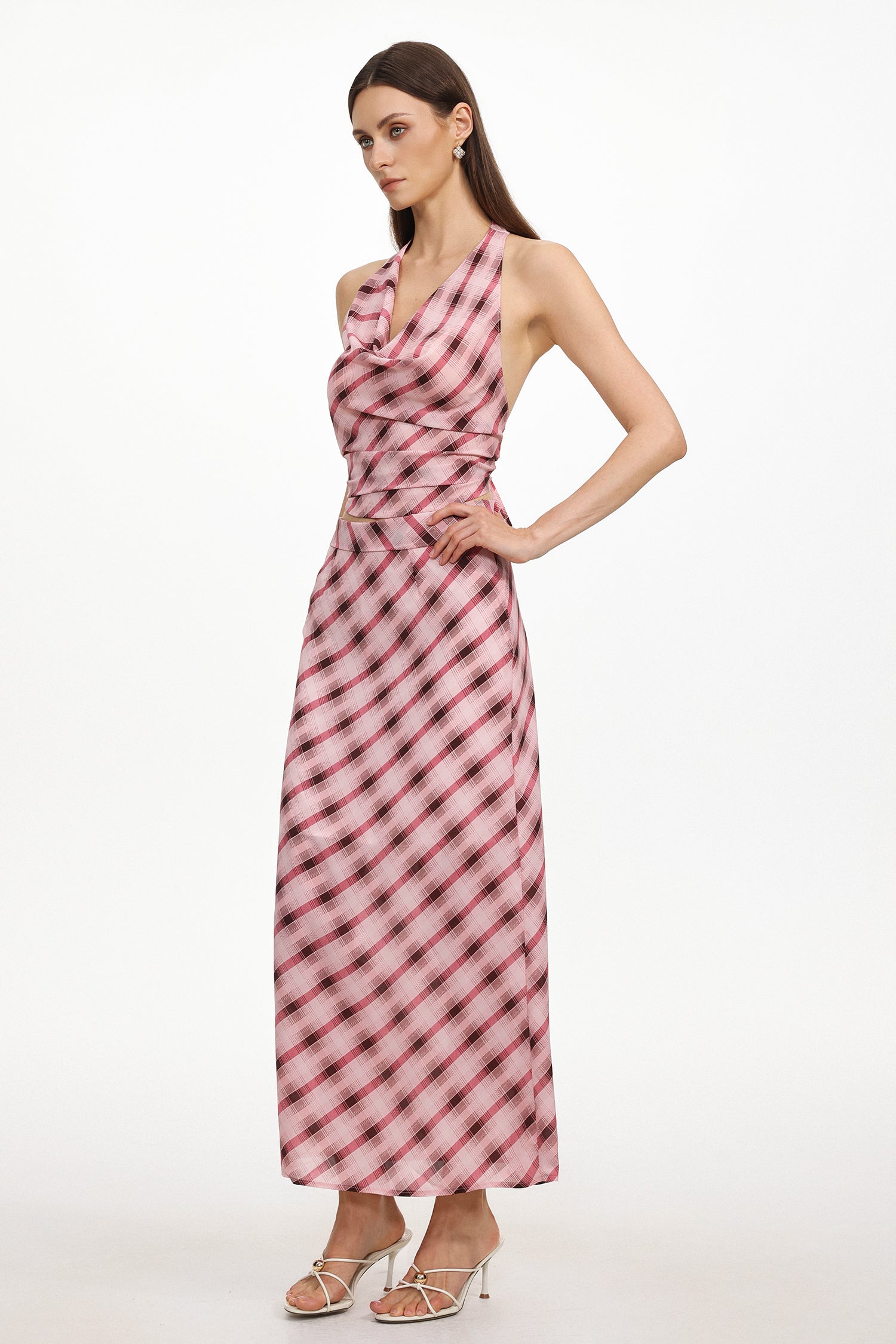 Ivory Resort Flowy Sleeveless Backless Plaid Chiffon Top and Skirt Two Piece Set	