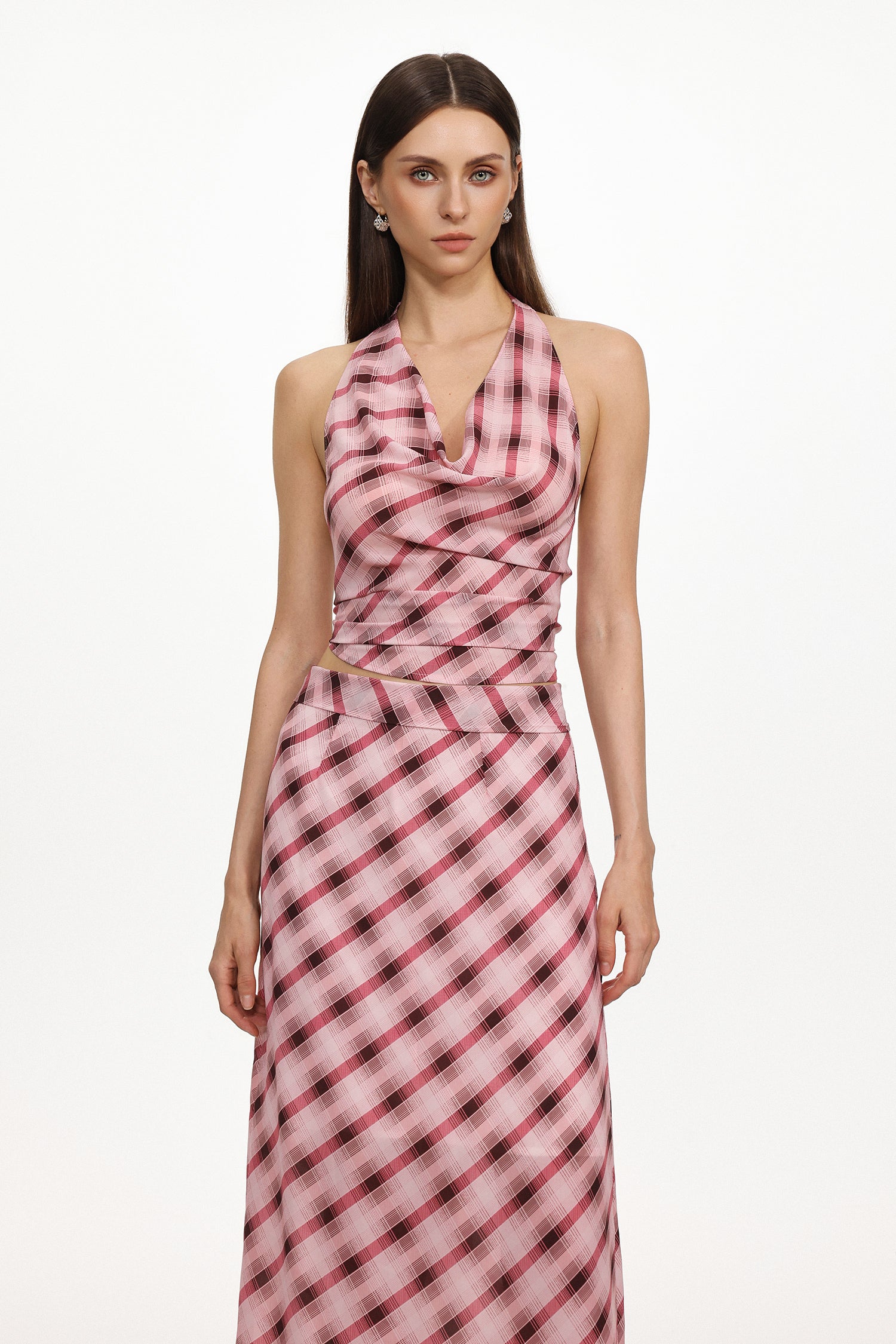 Ivory Resort Flowy Sleeveless Backless Plaid Chiffon Top and Skirt Two Piece Set	