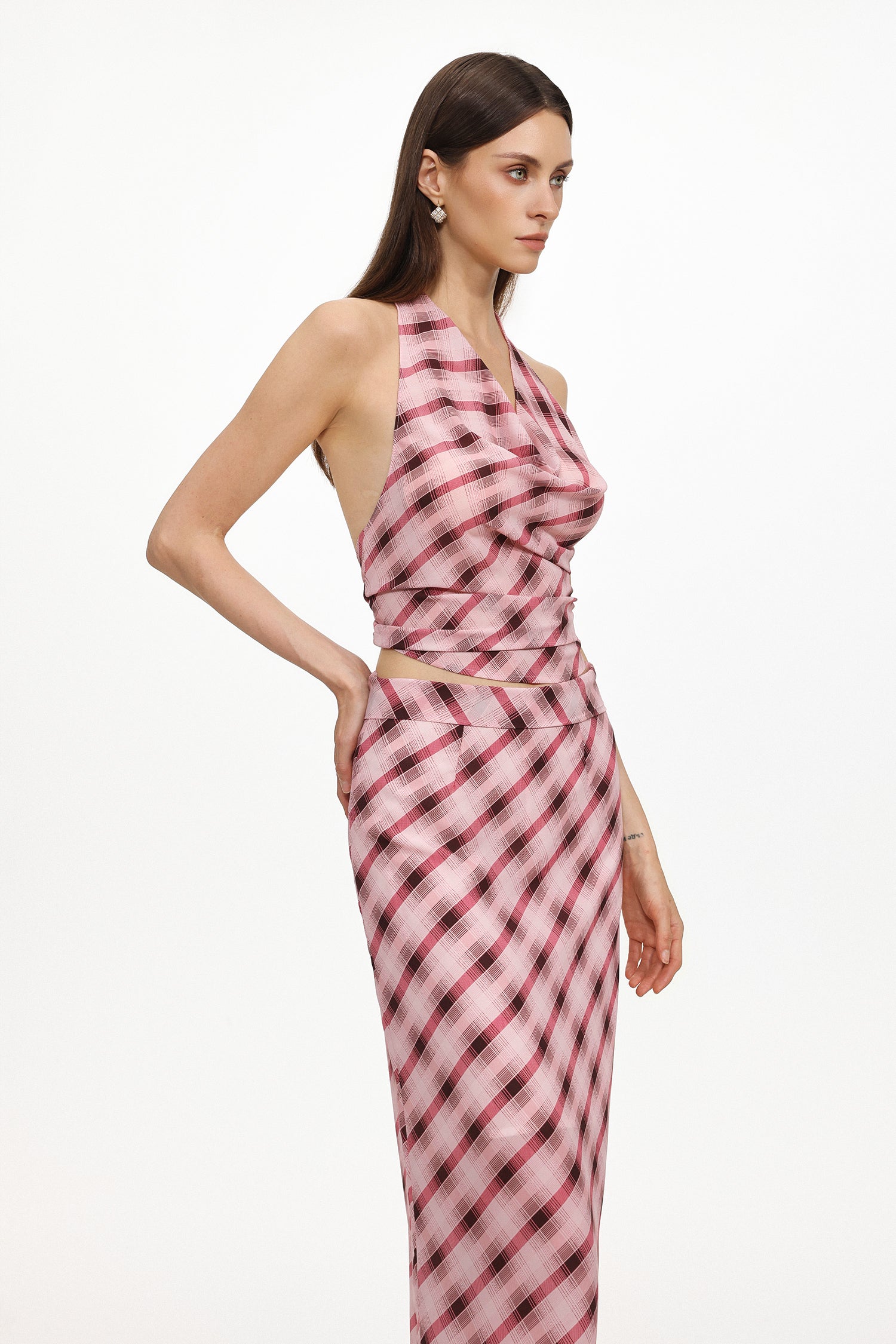 Ivory Resort Flowy Sleeveless Backless Plaid Chiffon Top and Skirt Two Piece Set	