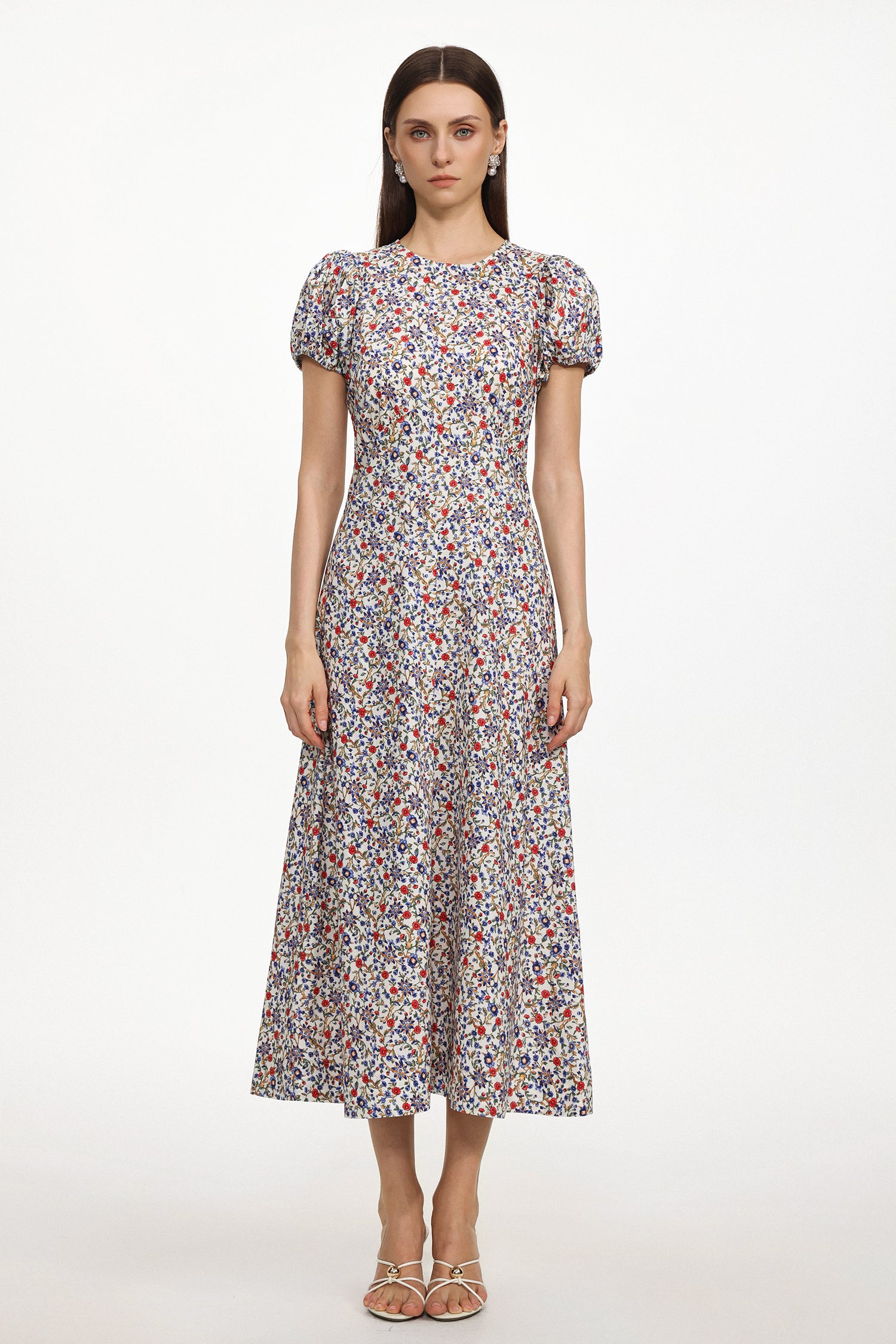 Fara Classic Flowy Round Neck Puff Sleeve Floral Print Woven Maxi Dress	