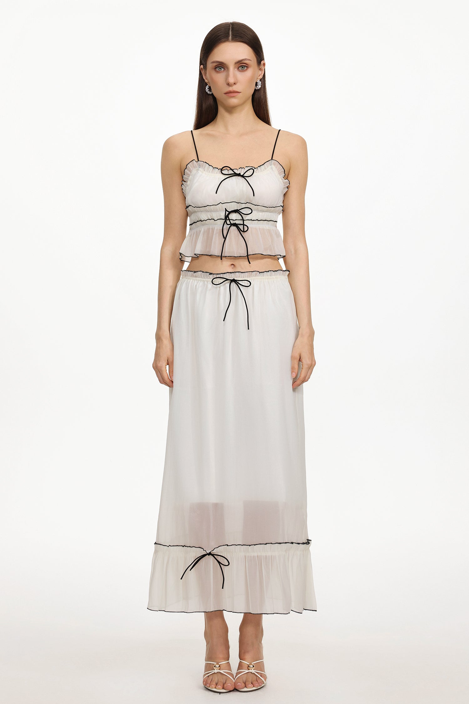 Teresa Resort Flowy Sleeveless Bow Ruched Woven Top and Skirt Two Piece Set	