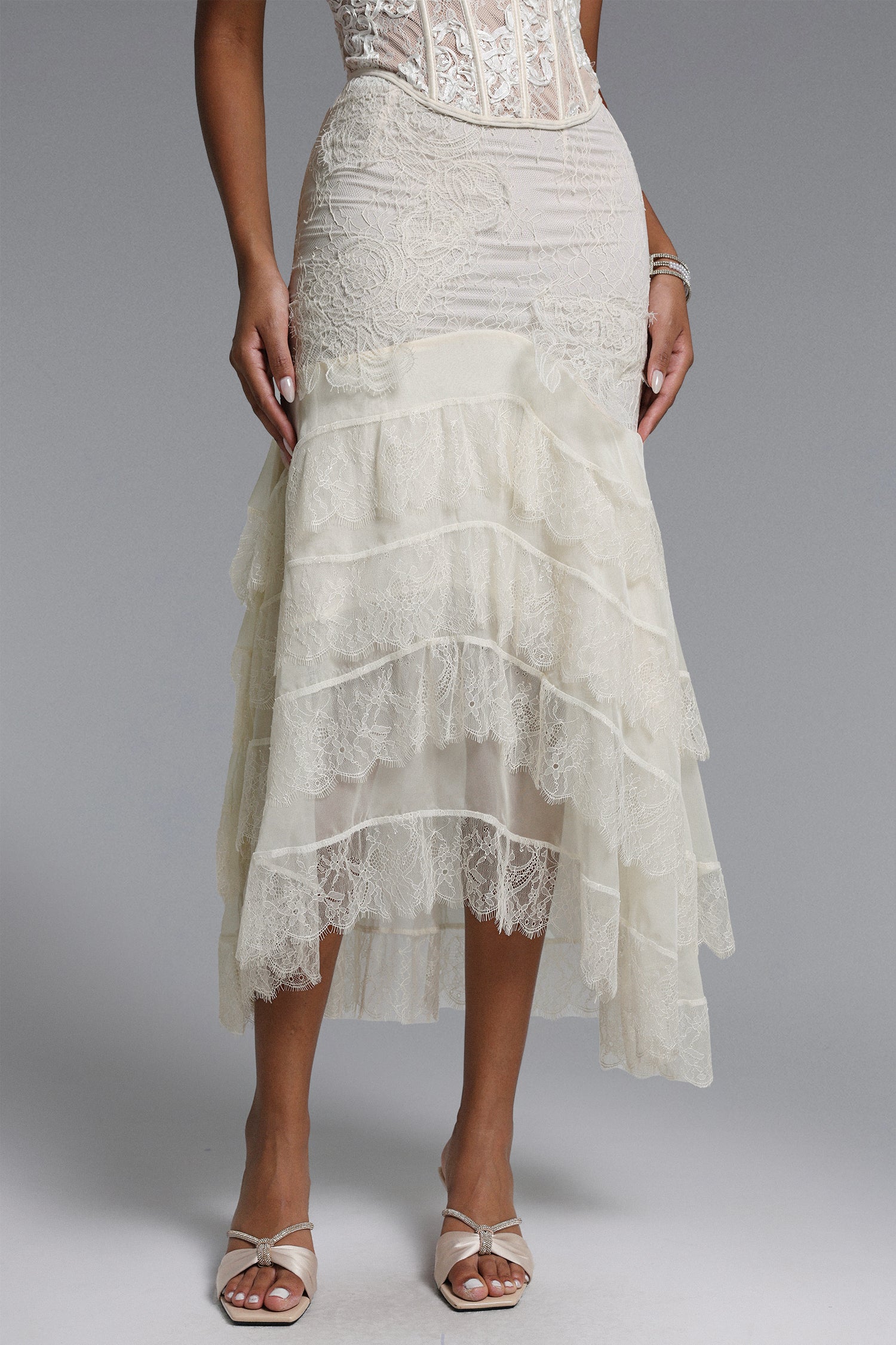 Delilah Romantic Flowy Ruffle Lace Maxi Skirt	