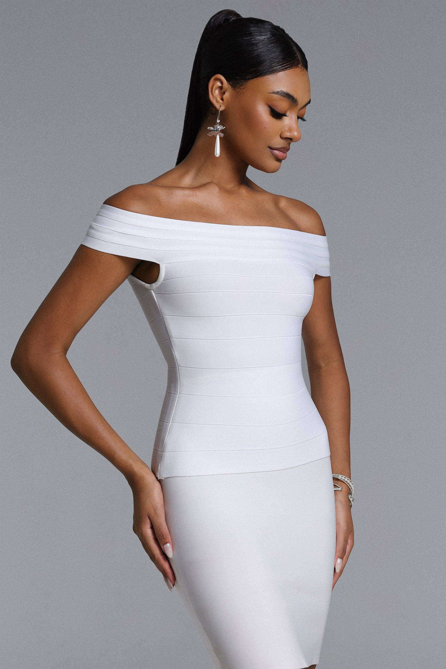 Lotta Classic Contour Off Shoulder Stripe White Bandage Top	