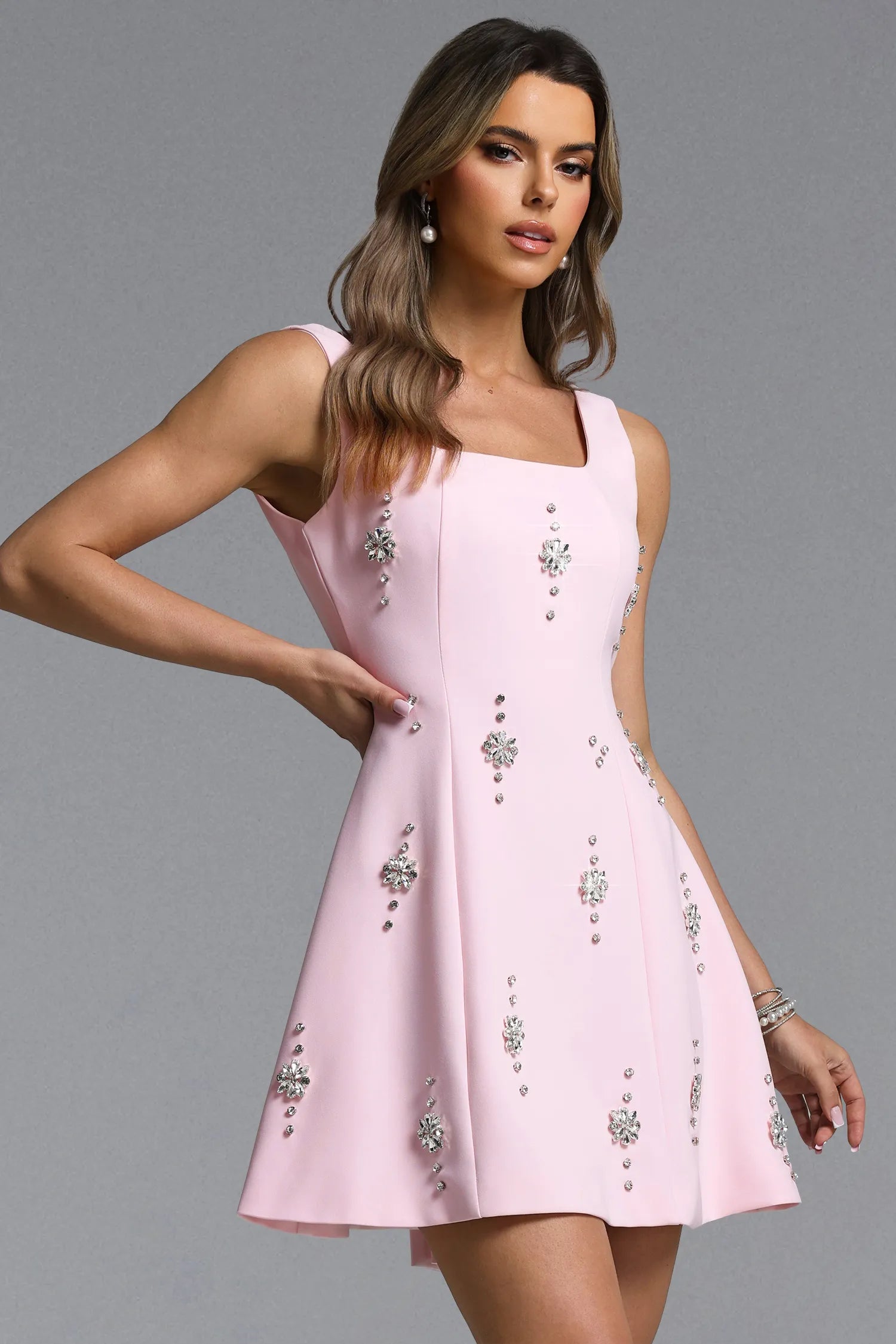 Falisa Classic Tailored Square Neck Rhinestone Woven Mini Dress
