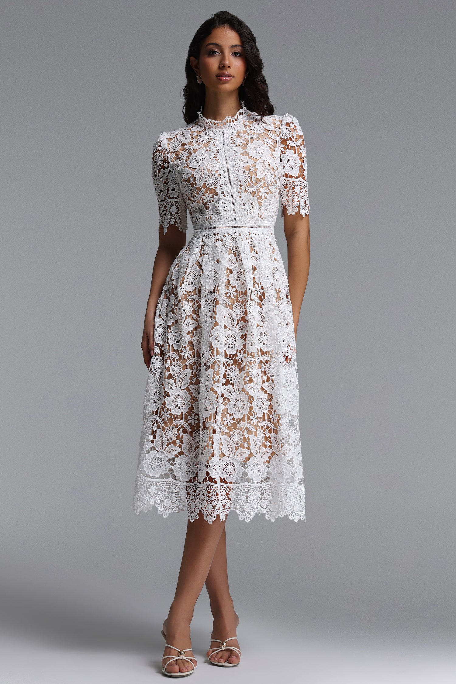 Valema Resort Flowy Short Sleeve Floral Lace Midi Dress	