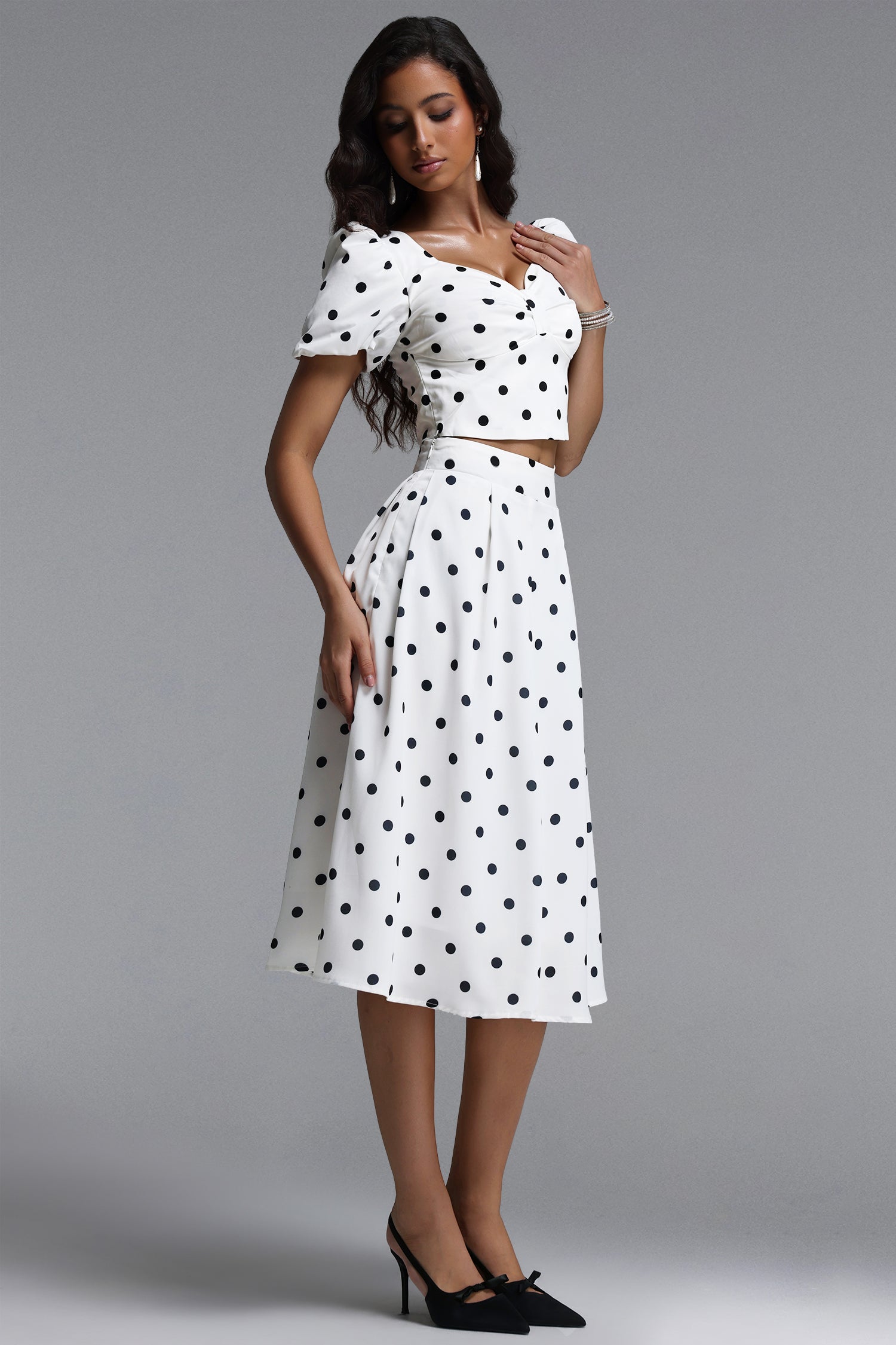Islay Resort Flowy Puff Sleeve Polka Dot Ruched Woven Top and Skirt Two Piece Set	
