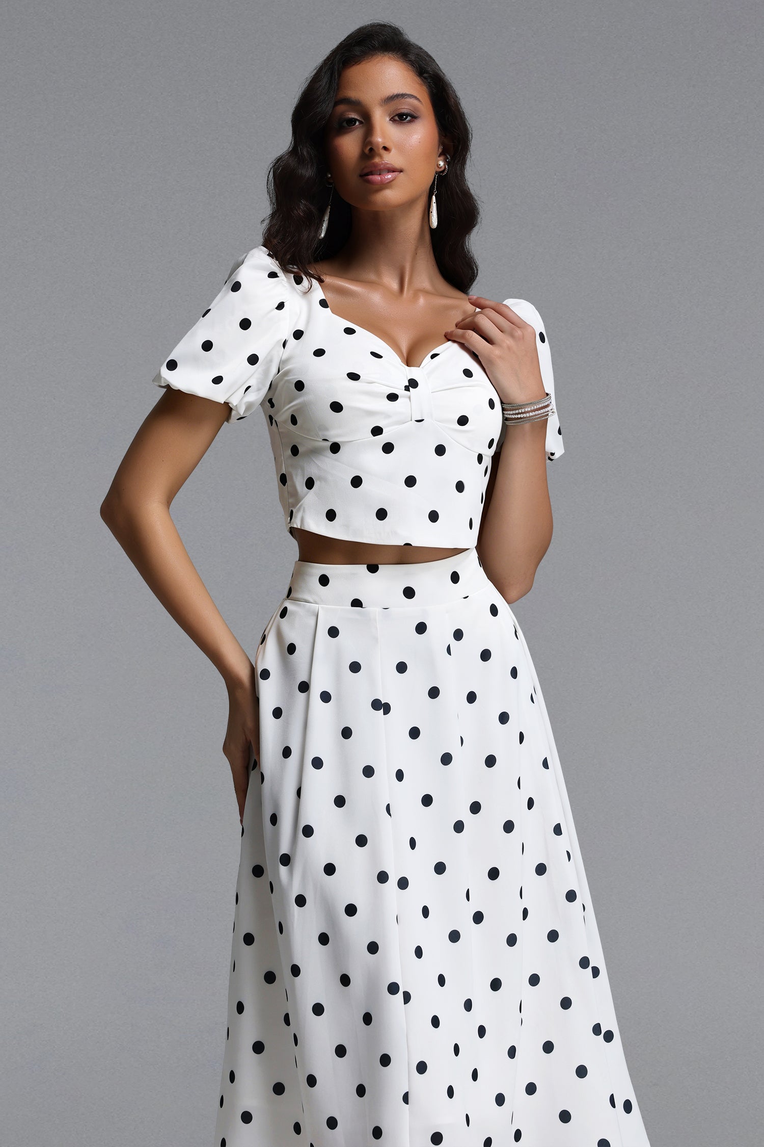 Islay Resort Flowy Puff Sleeve Polka Dot Ruched Woven Top and Skirt Two Piece Set	