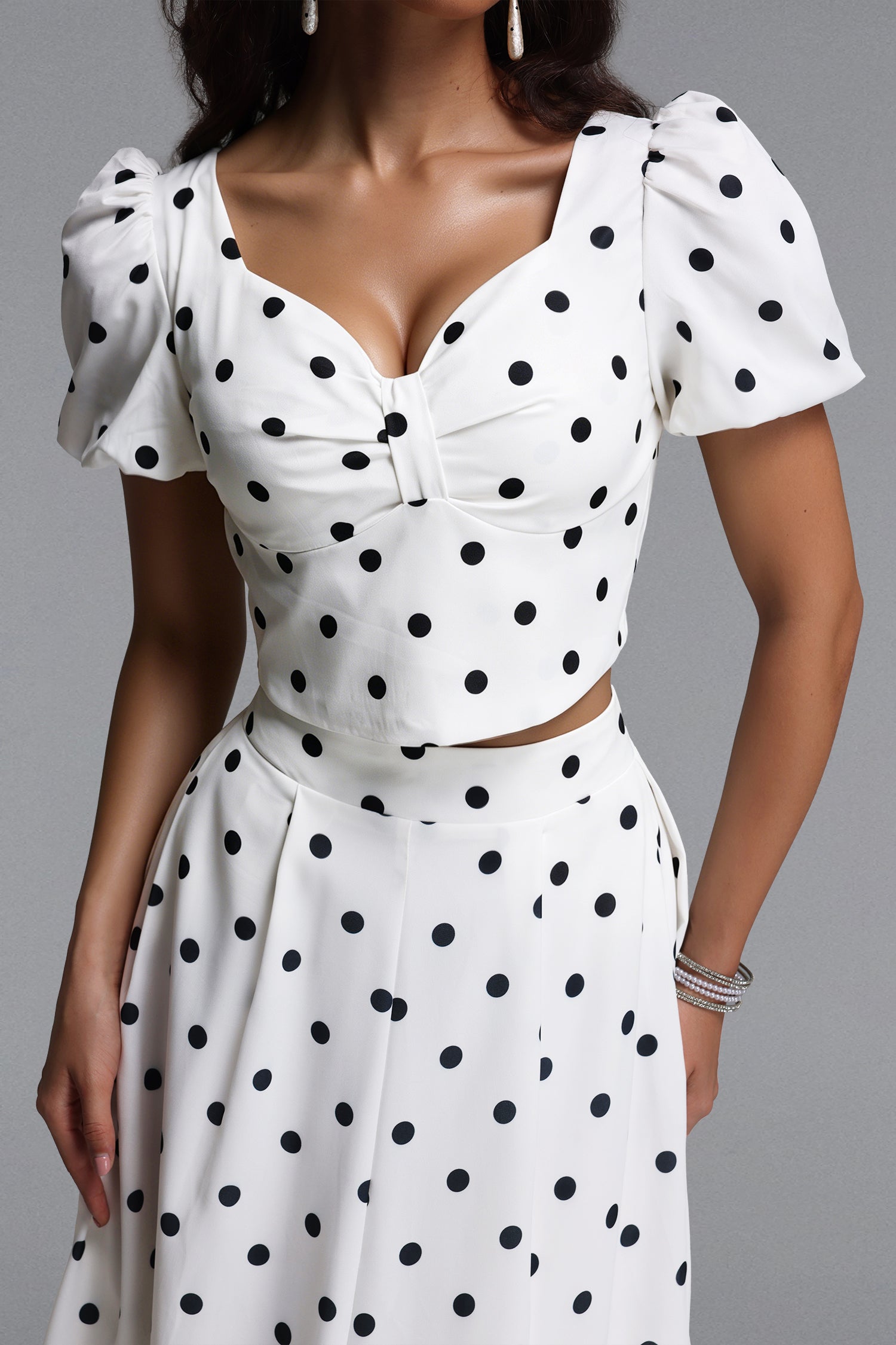 Islay Resort Flowy Puff Sleeve Polka Dot Ruched Woven Top and Skirt Two Piece Set	