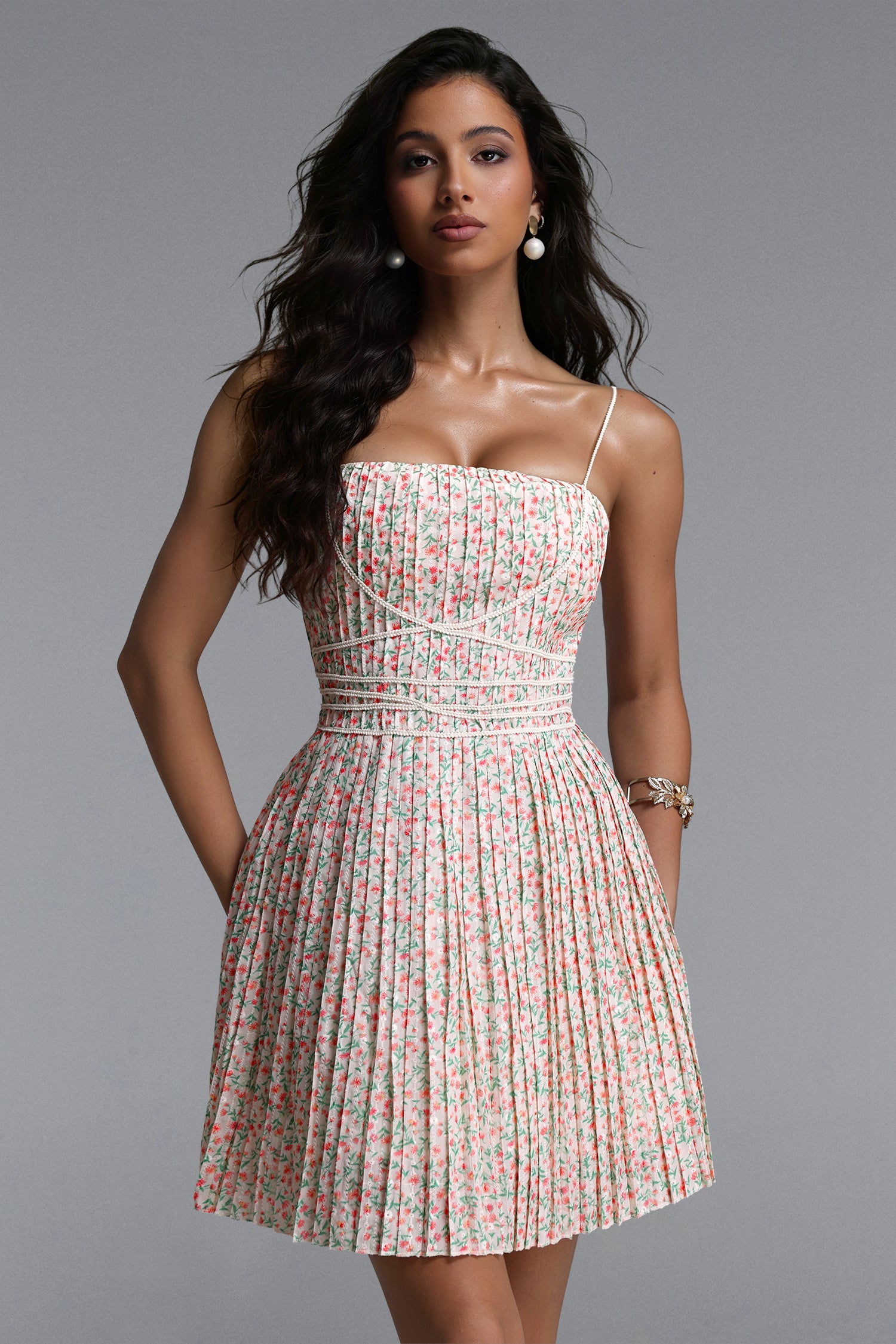 Modan Romantic Cinched Sleeveless Floral Print Pleated Woven Mini Dress	