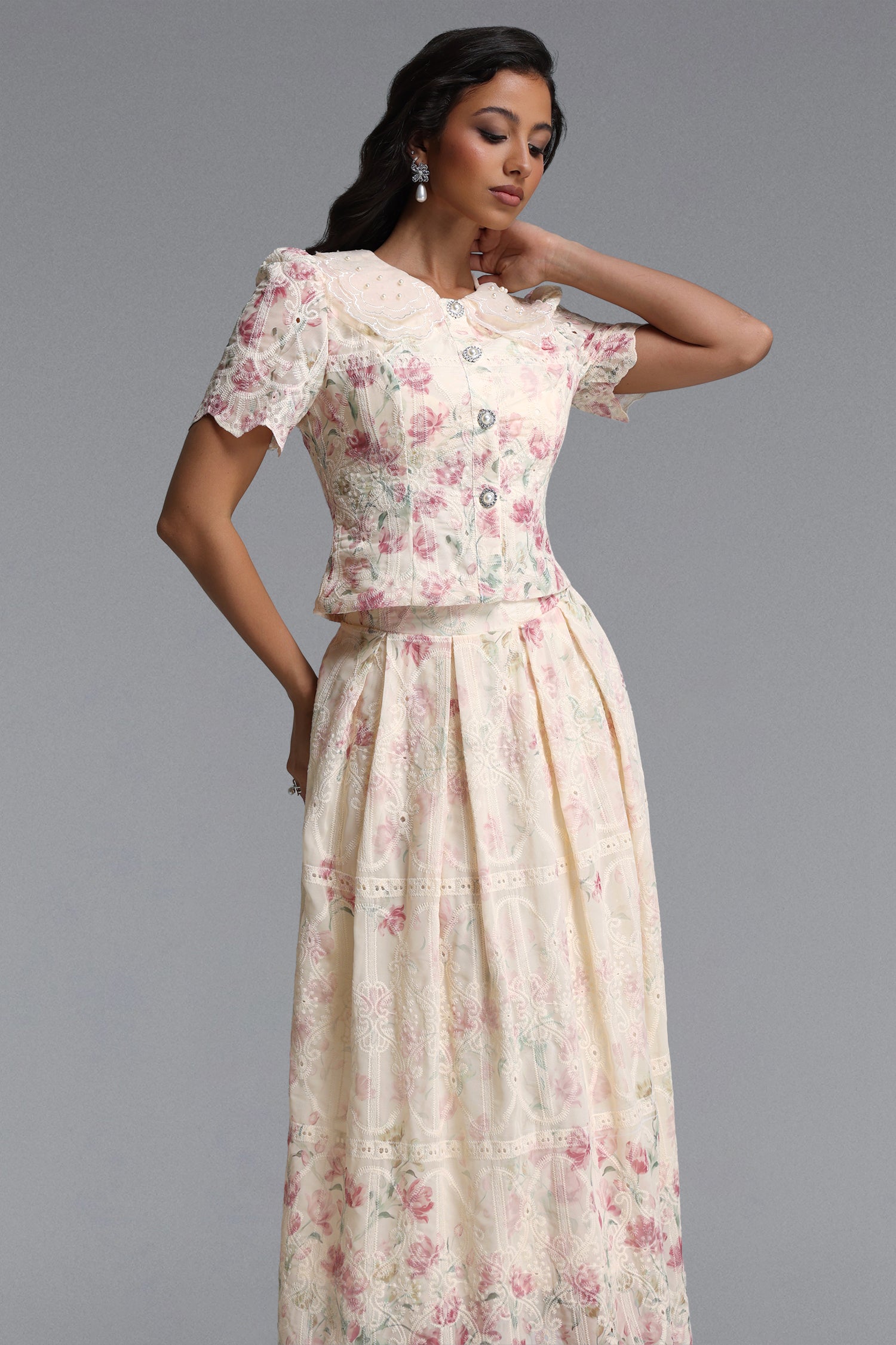 Ignacia Romantic Flowy Short Sleeve Floral Print Embroidered Woven Top and Skirt Two Piece Set	