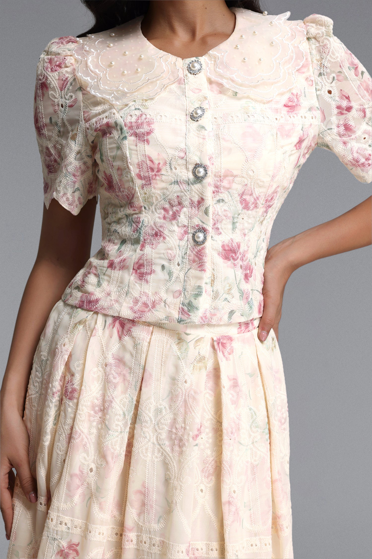 Ignacia Romantic Flowy Short Sleeve Floral Print Embroidered Woven Top and Skirt Two Piece Set	