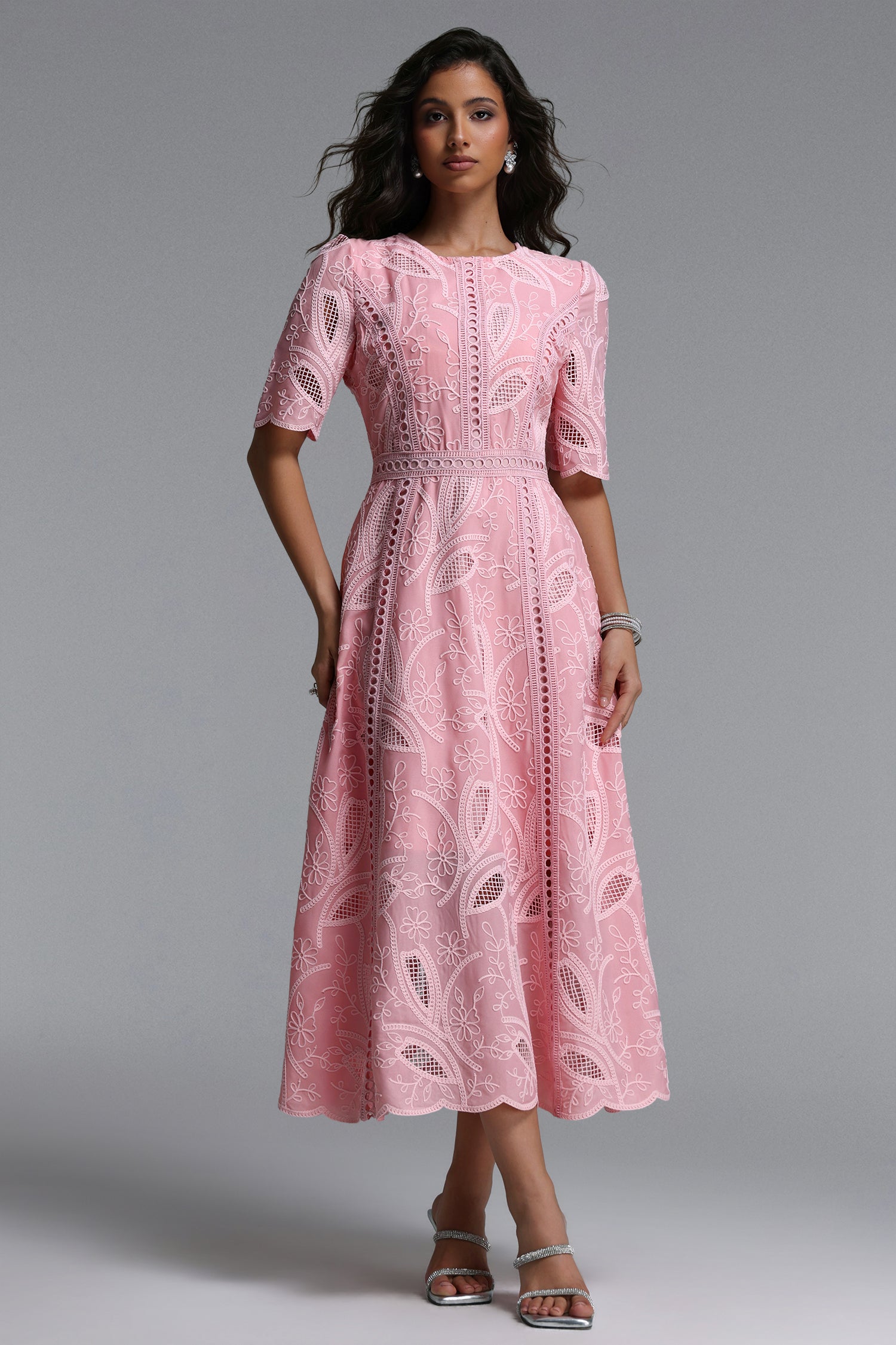 Krystal Resort Cinched Short Sleeve Embroidered Floral Lace Woven Midi Dress	