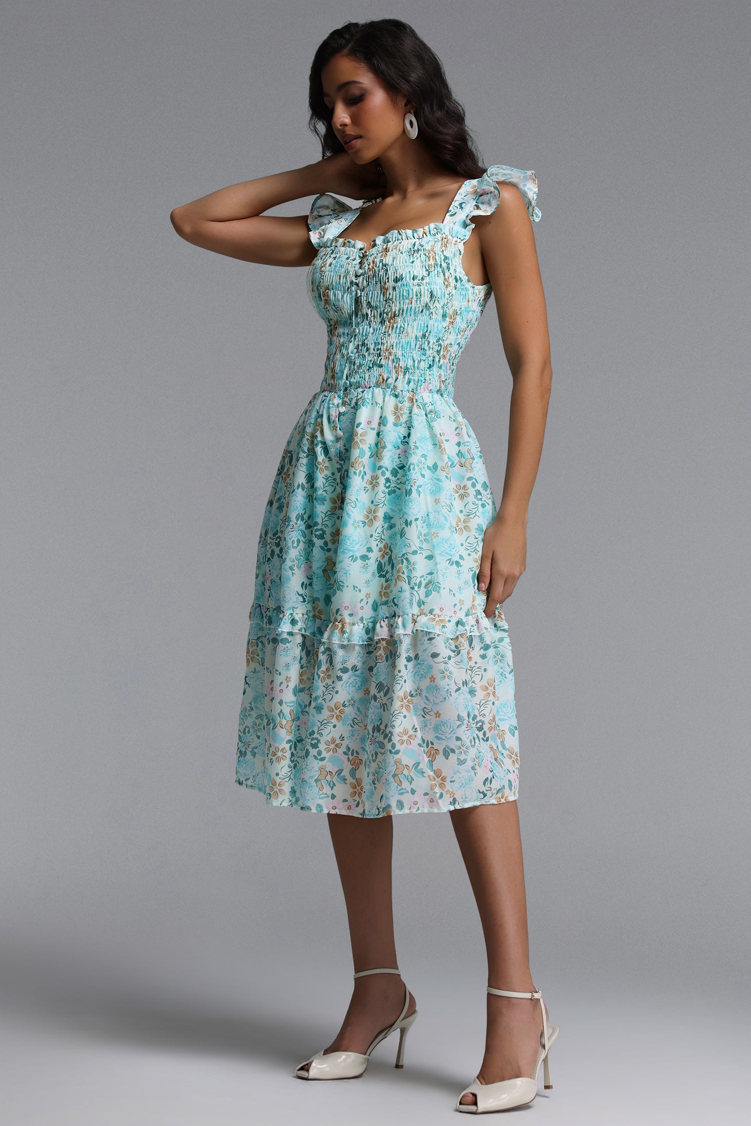 Myla Resort Flowy Sleeveless Ruffle Floral Print Woven Midi Dress	