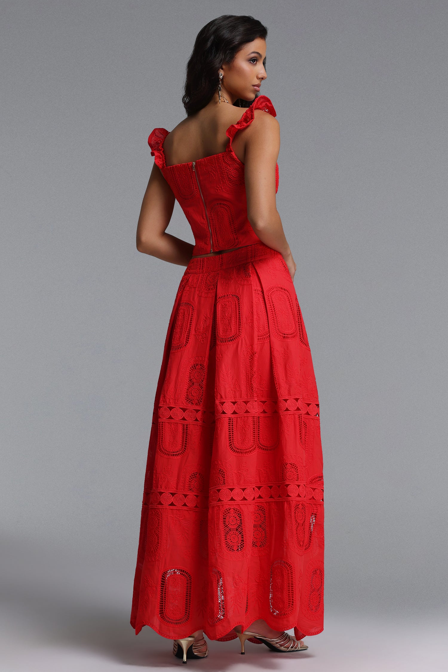 Lali Resort Flowy V Neck Sleeveless Ruffle Woven Top and Skirt Two Piece Set	