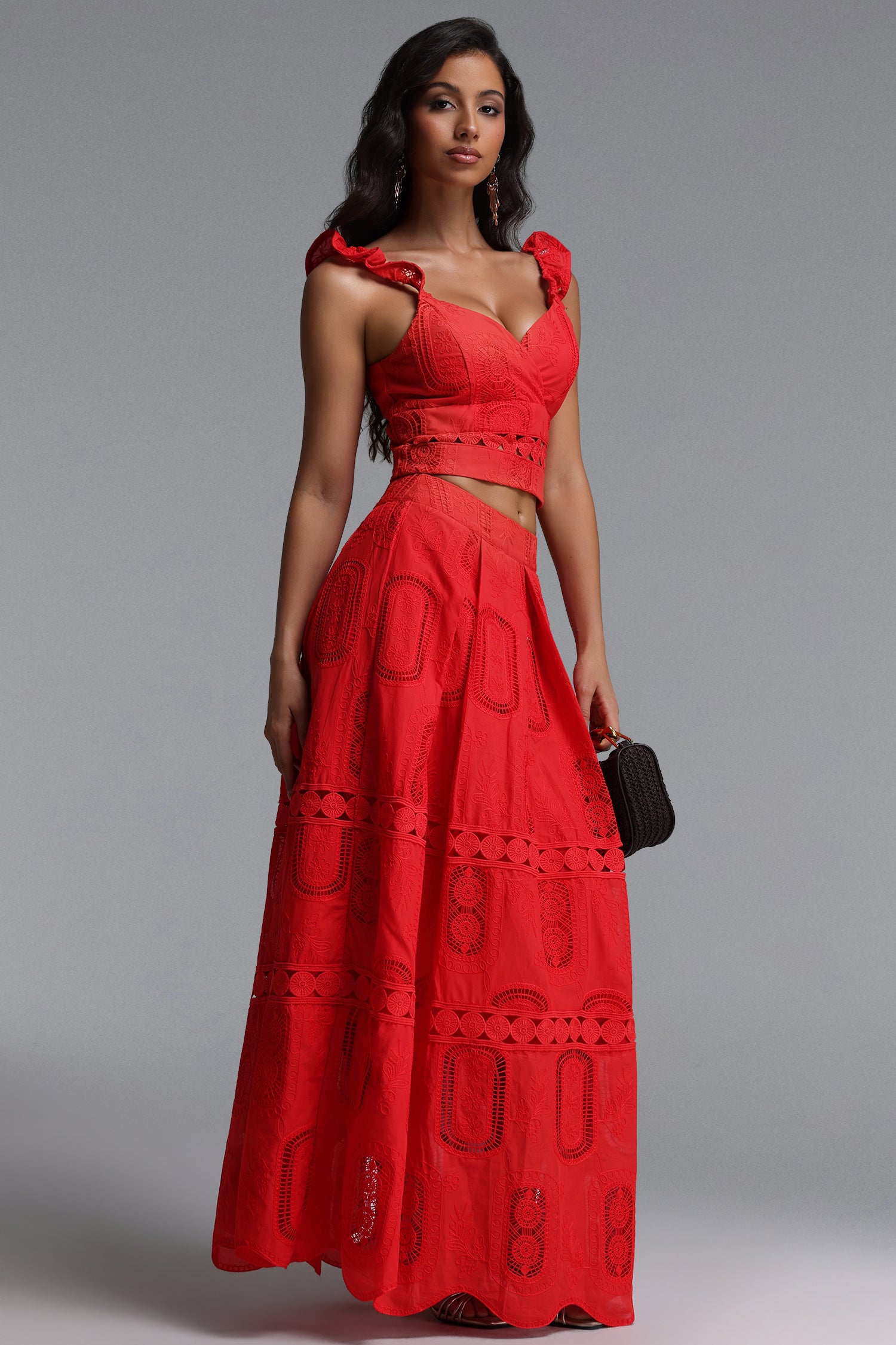 Lali Resort Flowy V Neck Sleeveless Ruffle Woven Top and Skirt Two Piece Set	