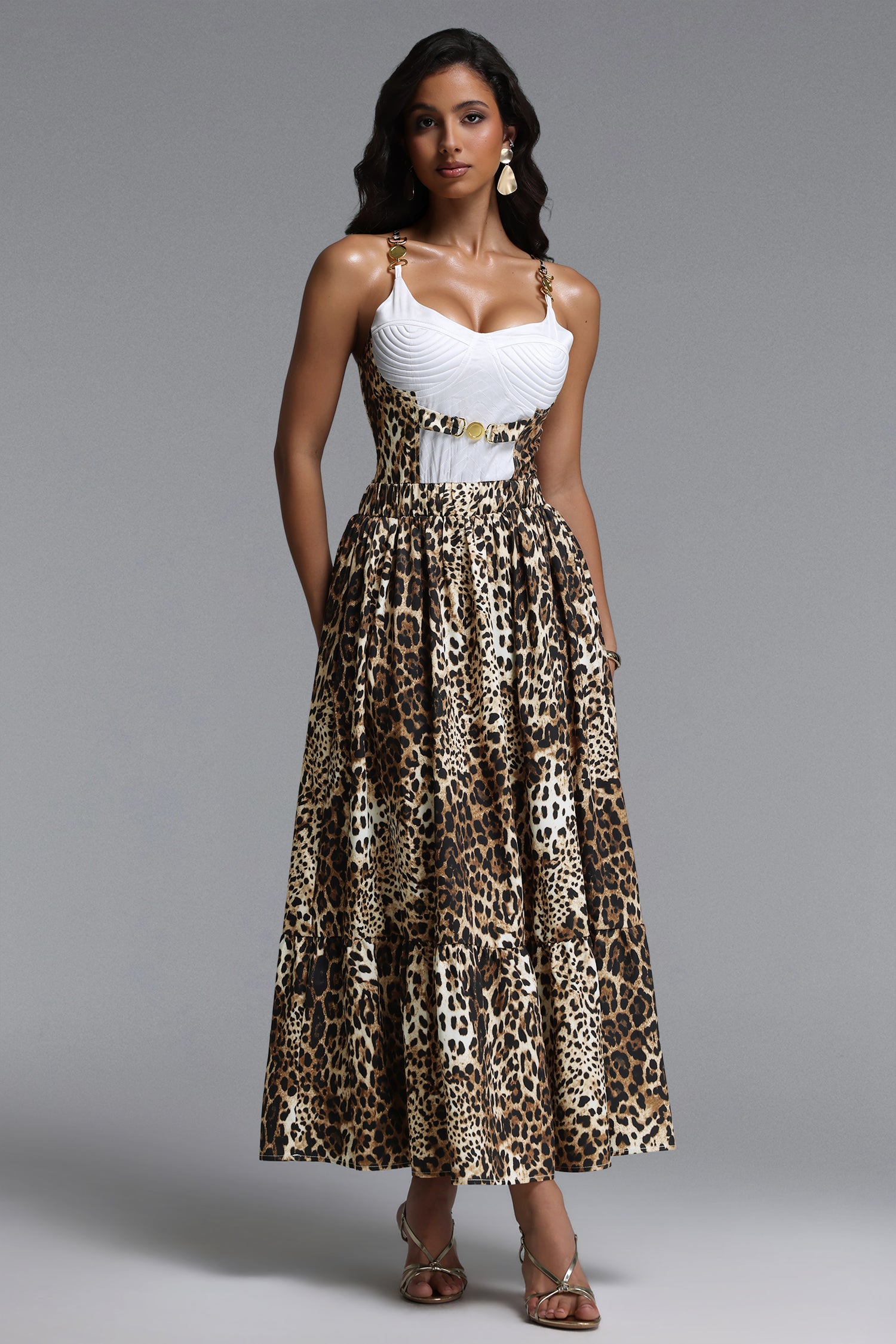 Yuria Resort Flowy Sleeveless Leopard Print Woven Maxi Dress