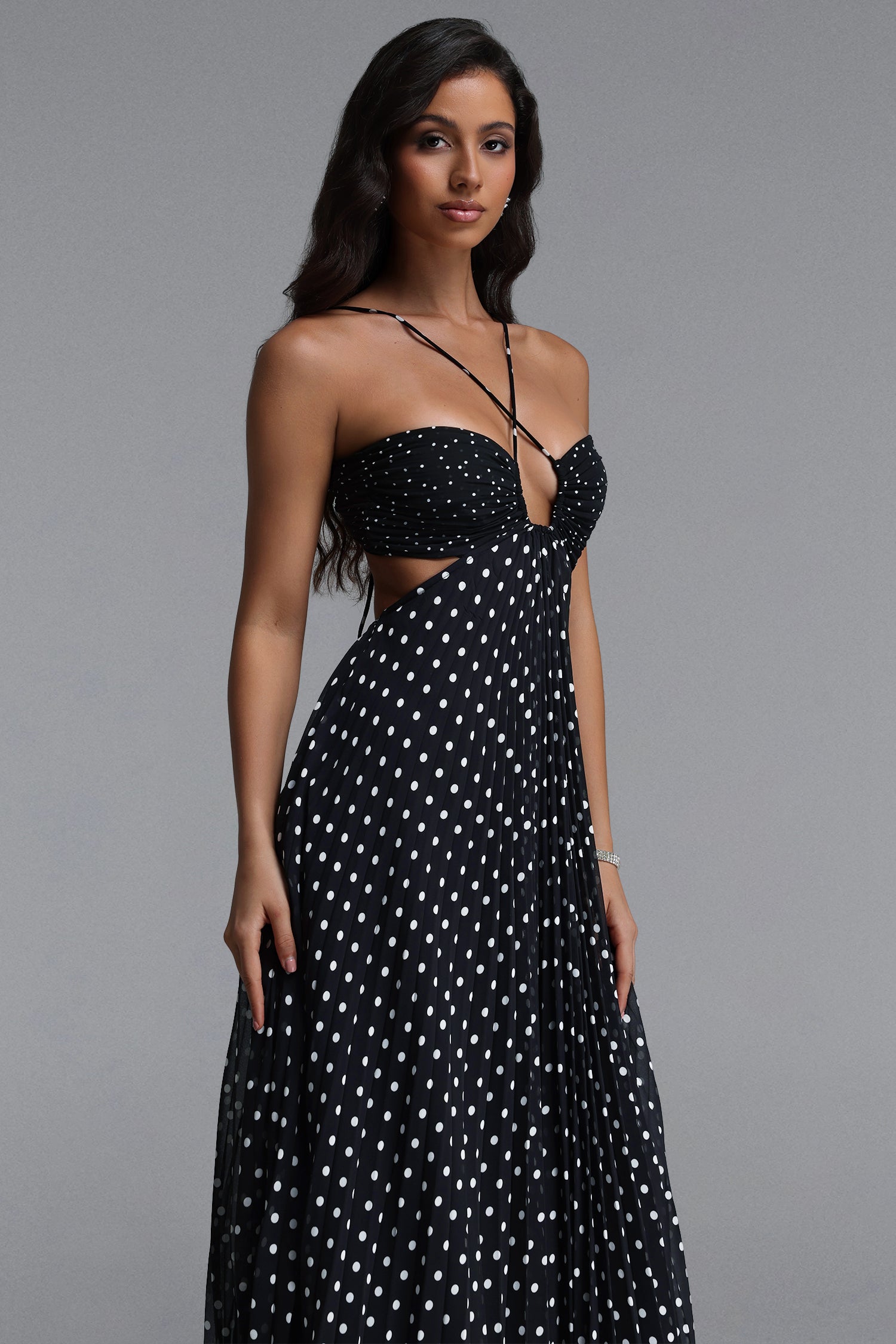 Loka Resort Flowy Sleeveless Cut Out Pleated Polka Dot Woven Maxi Dress	