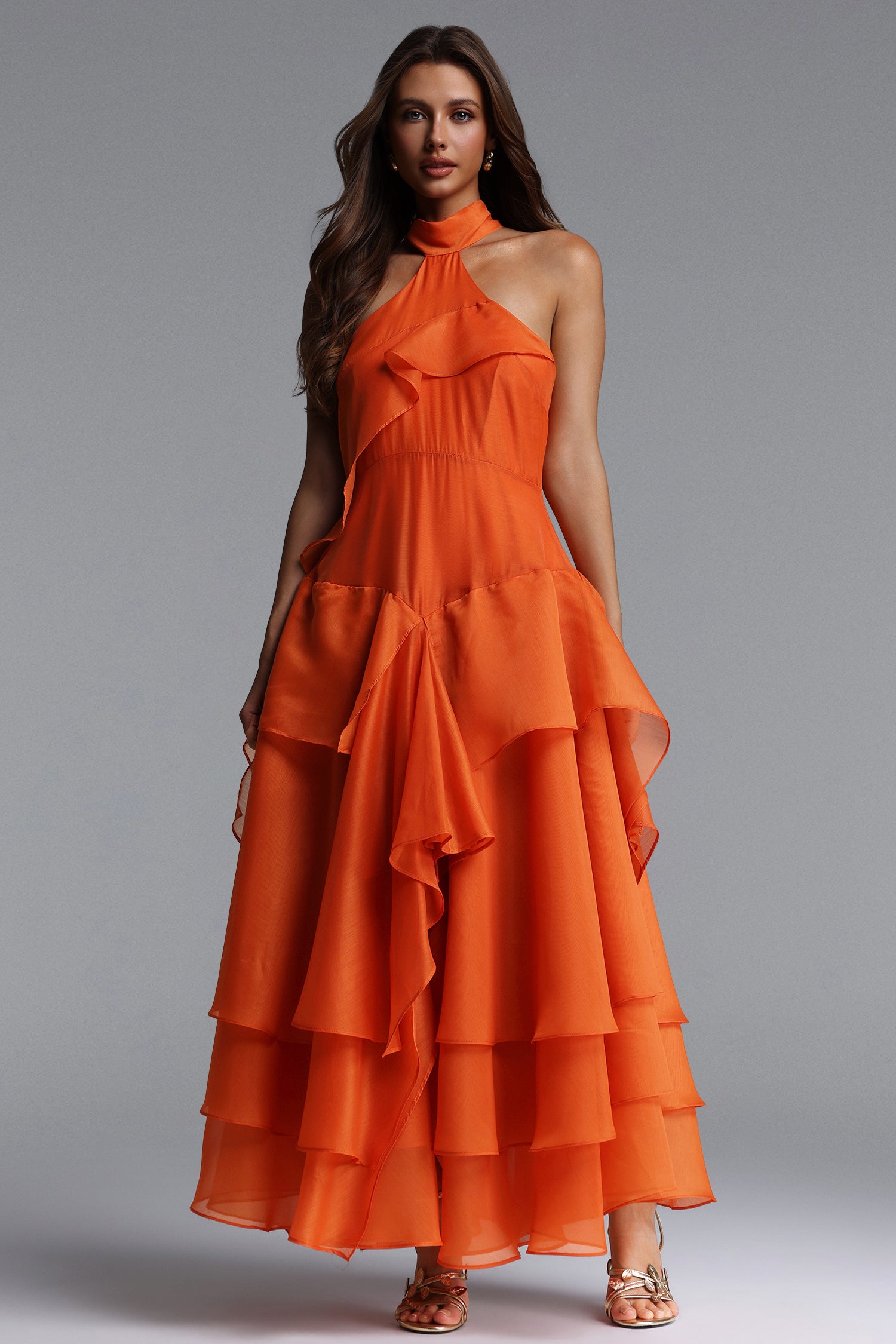 Momo Resort Flowy Sleeveless Ruffle Organza Maxi Dress	
