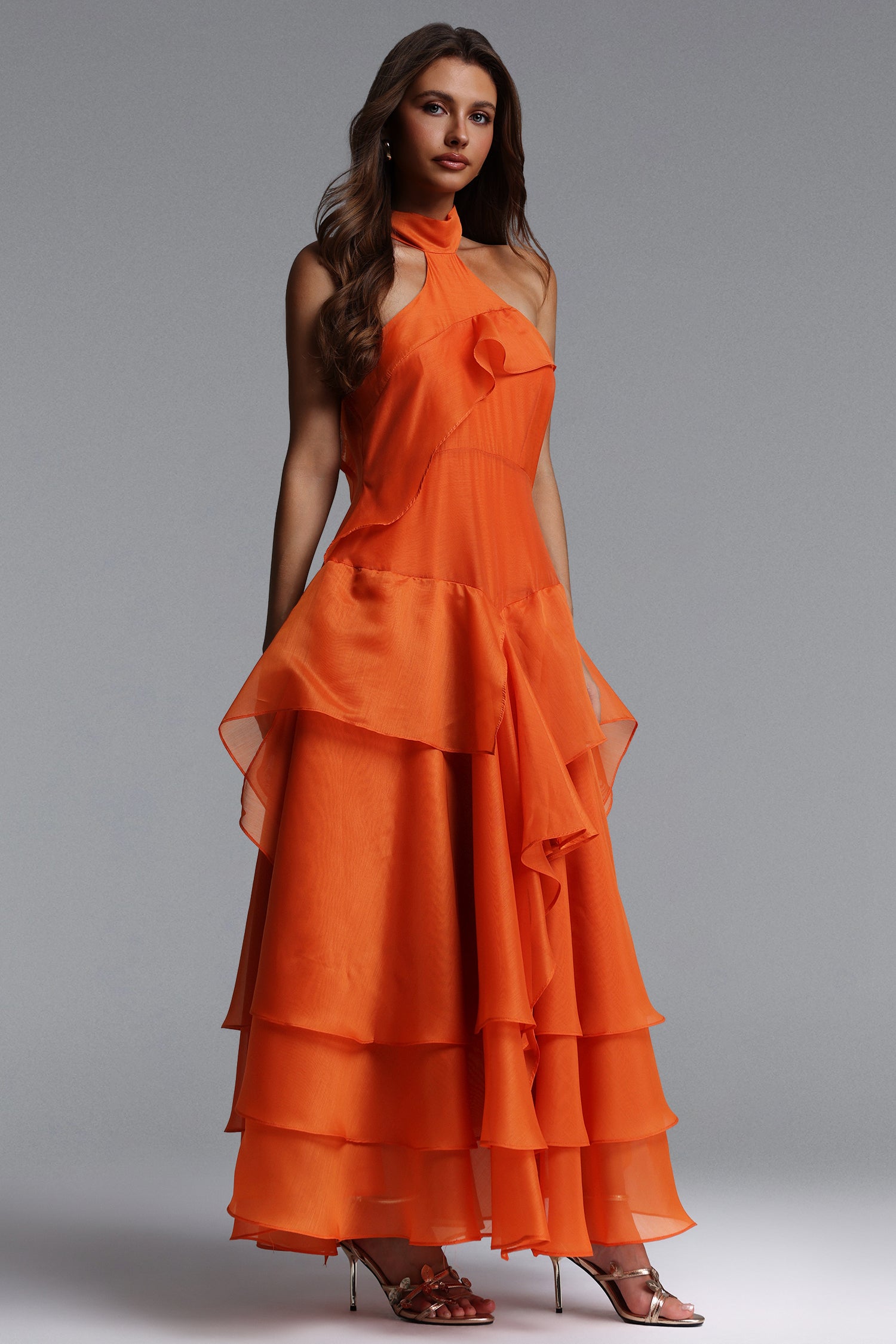 Momo Resort Flowy Sleeveless Ruffle Organza Maxi Dress	