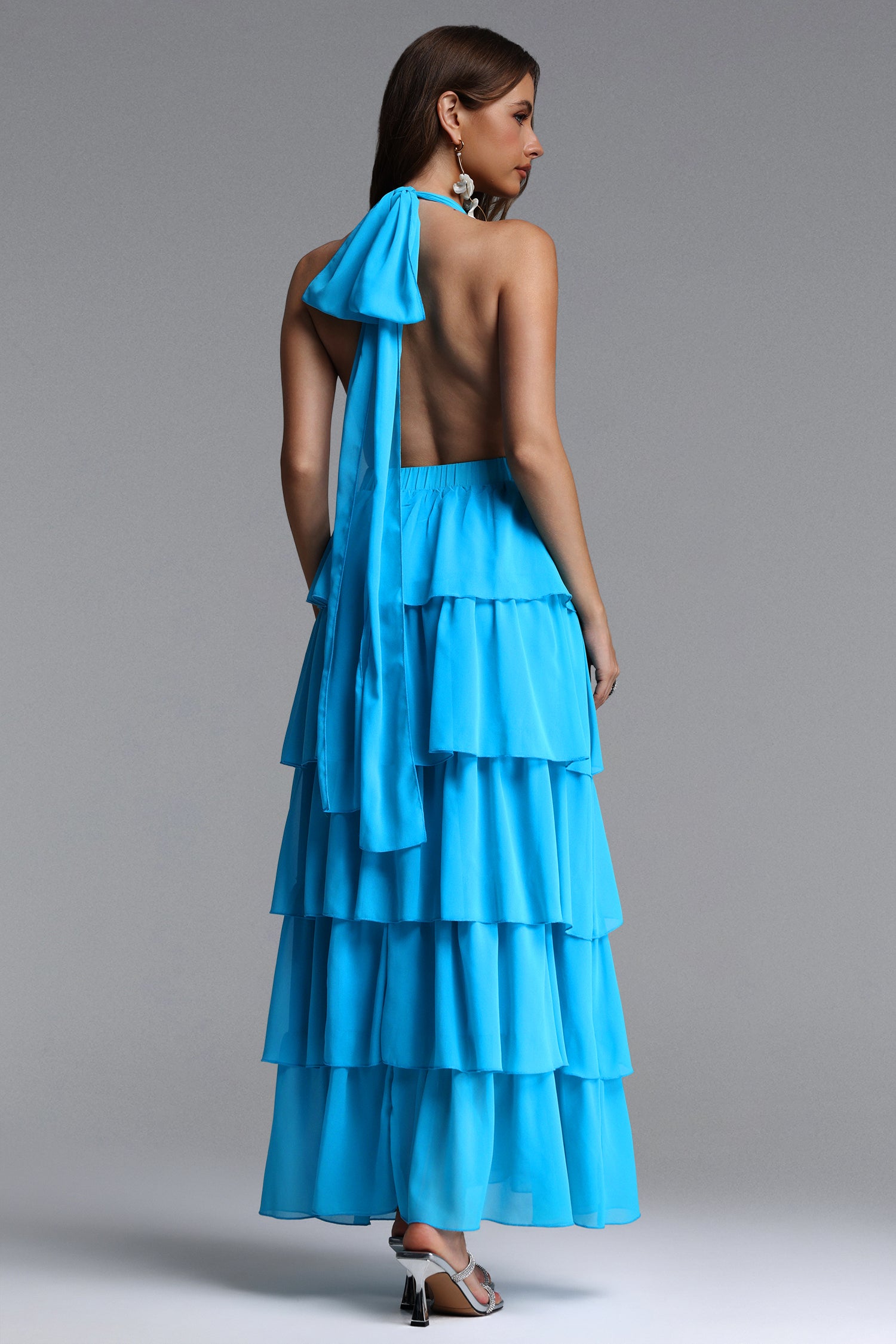 Yahir Resort Flowy V Neck Sleeveless Ruffle Chiffon Maxi Dress	