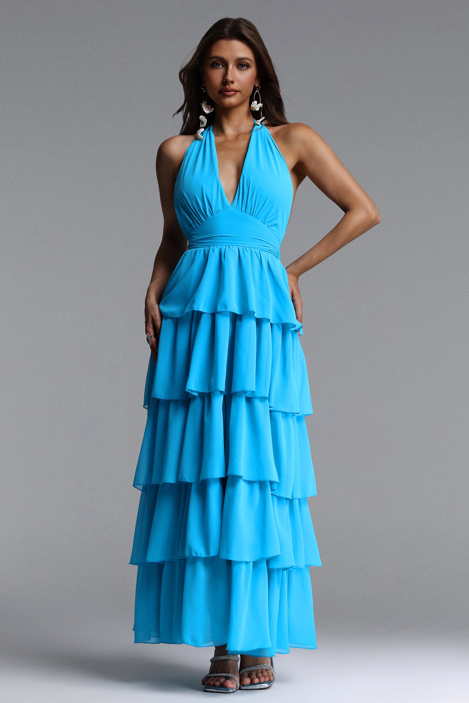 Yahir Resort Flowy V Neck Sleeveless Ruffle Chiffon Maxi Dress	
