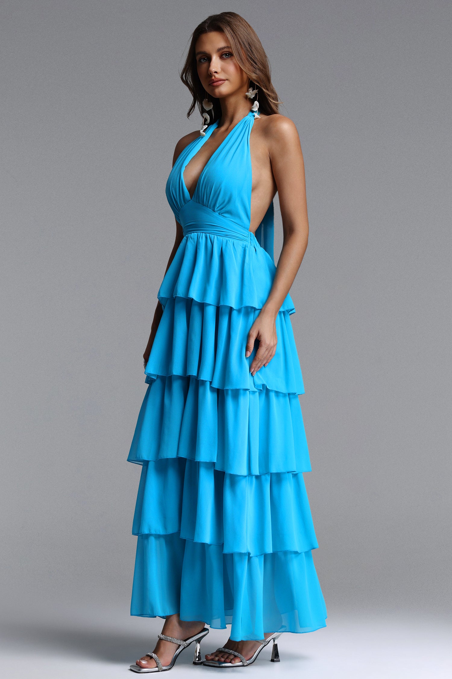 Yahir Resort Flowy V Neck Sleeveless Ruffle Chiffon Maxi Dress	