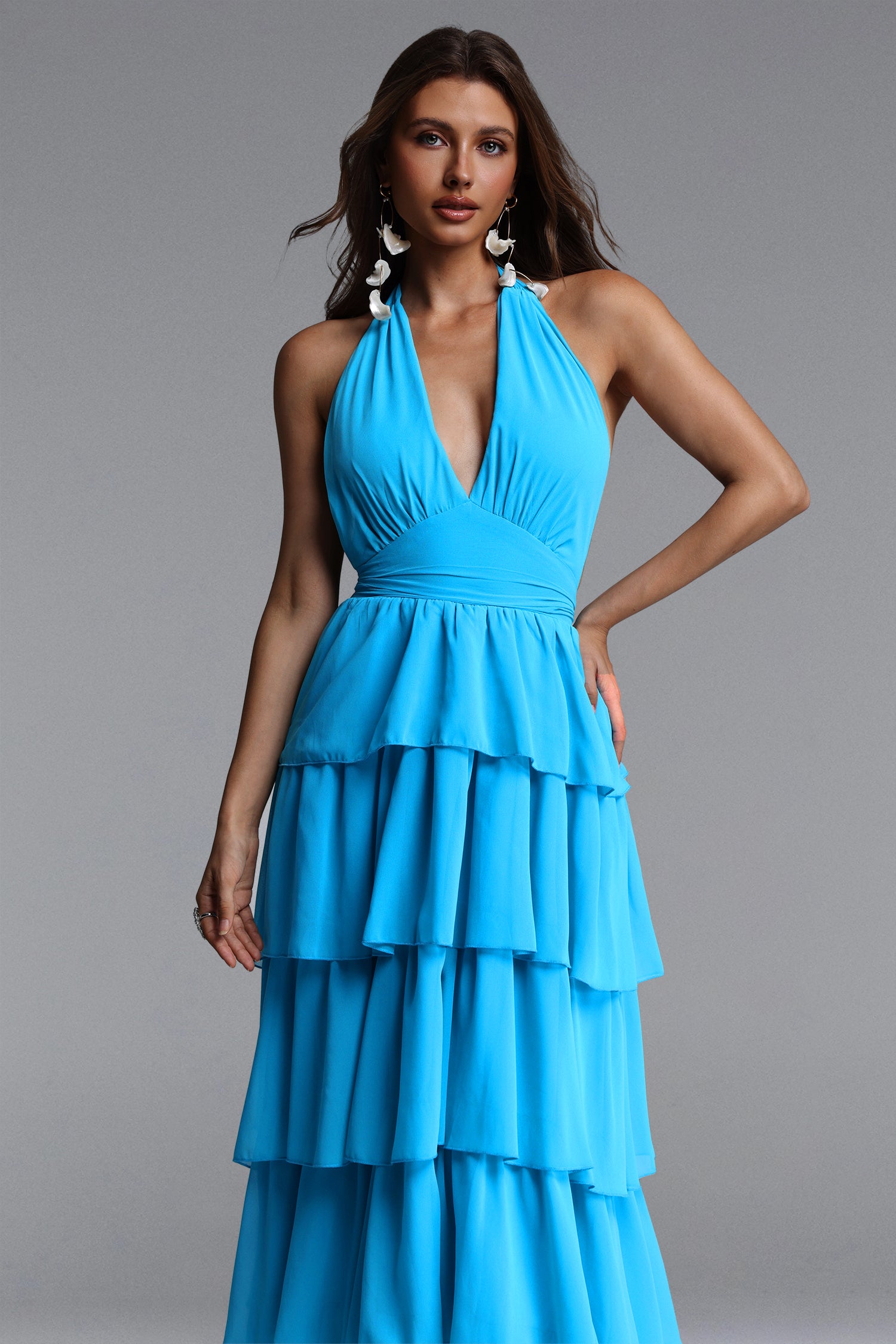 Yahir Resort Flowy V Neck Sleeveless Ruffle Chiffon Maxi Dress	
