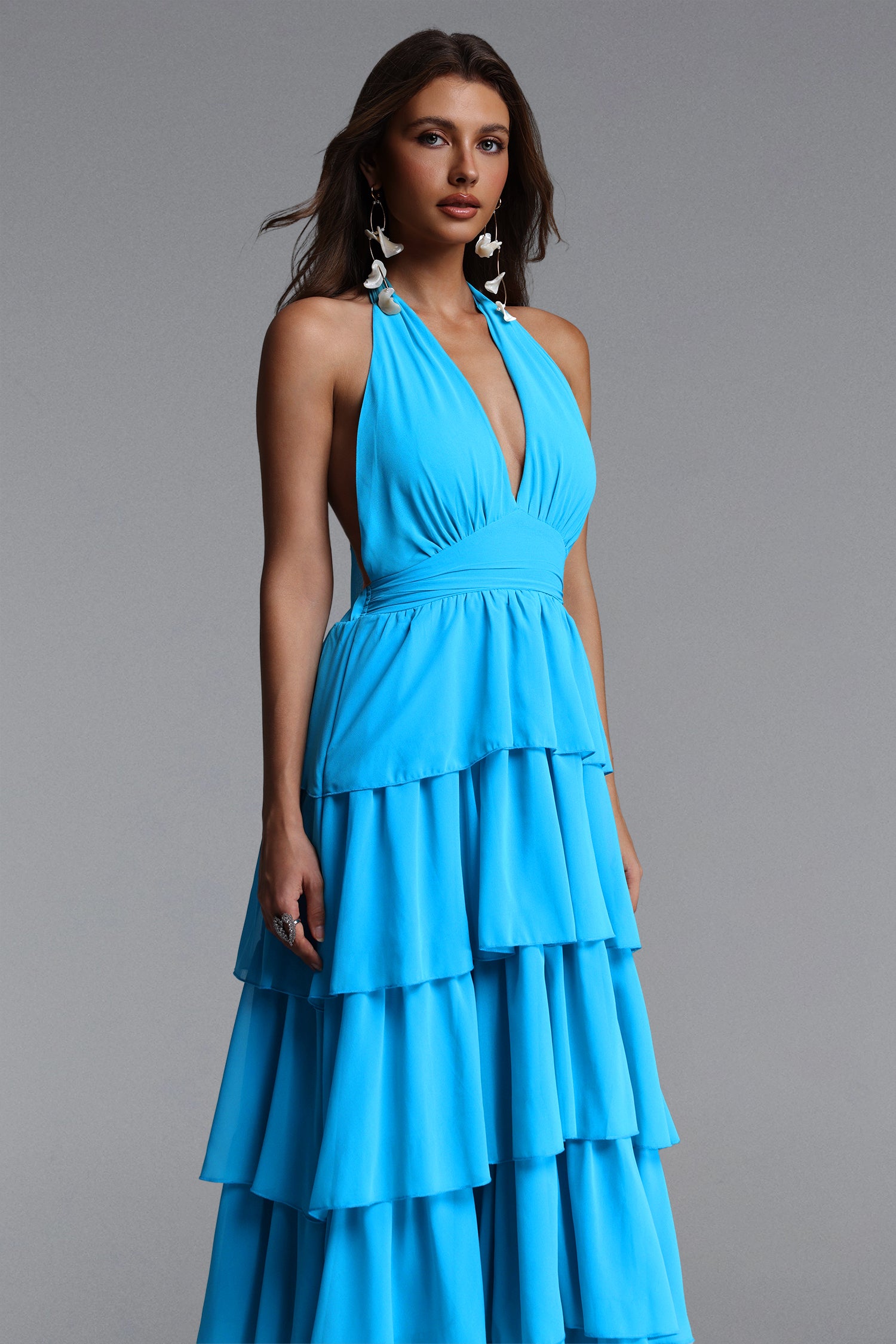Yahir Resort Flowy V Neck Sleeveless Ruffle Chiffon Maxi Dress	