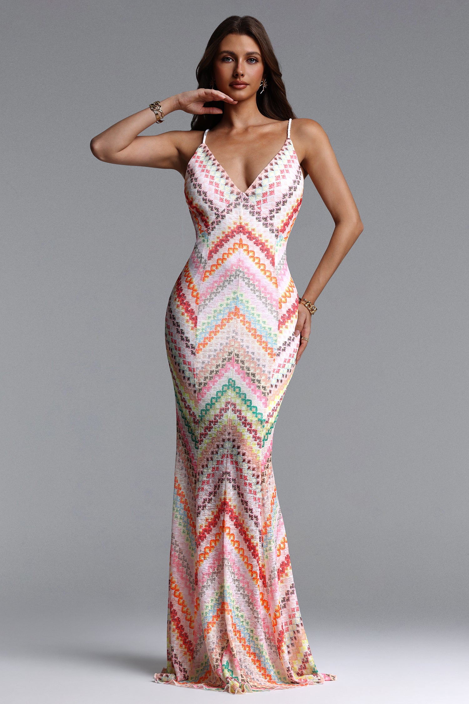 Salama Resort Contour V Neck Sleeveless Print Woven Maxi Dress	