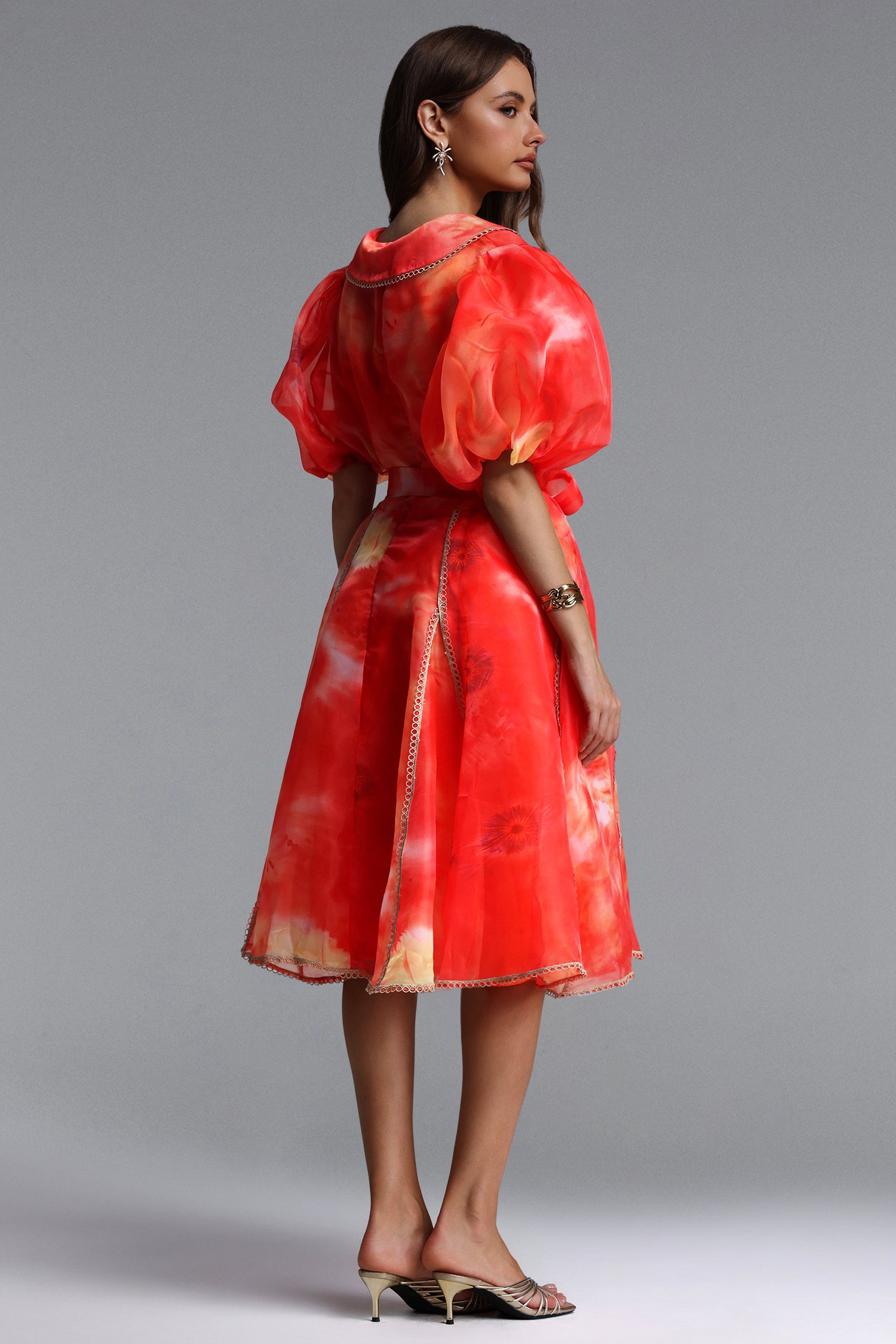 Derya Resort Flowy Puff Sleeve Print Organza Mini Dress	