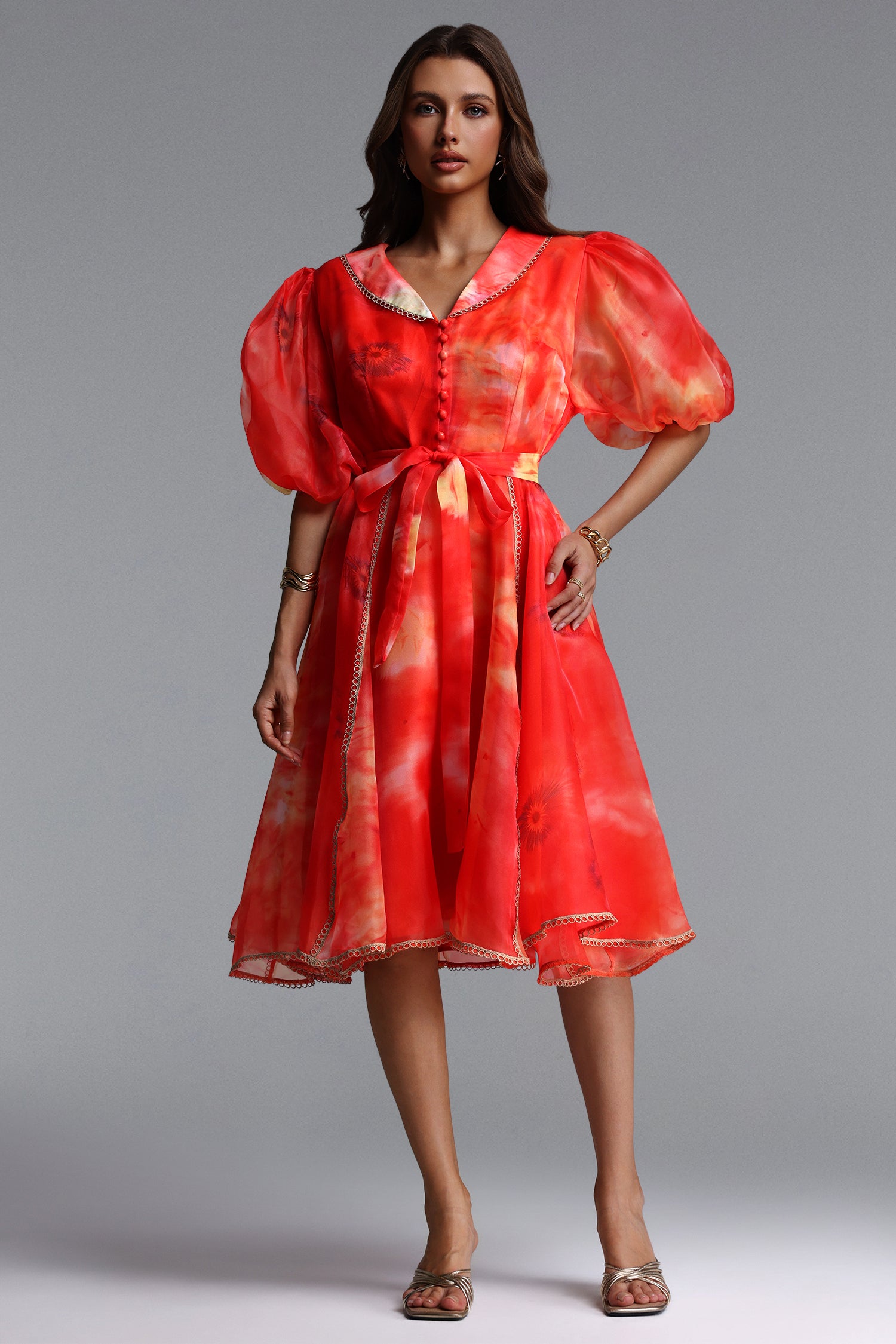 Derya Resort Flowy Puff Sleeve Print Organza Mini Dress	