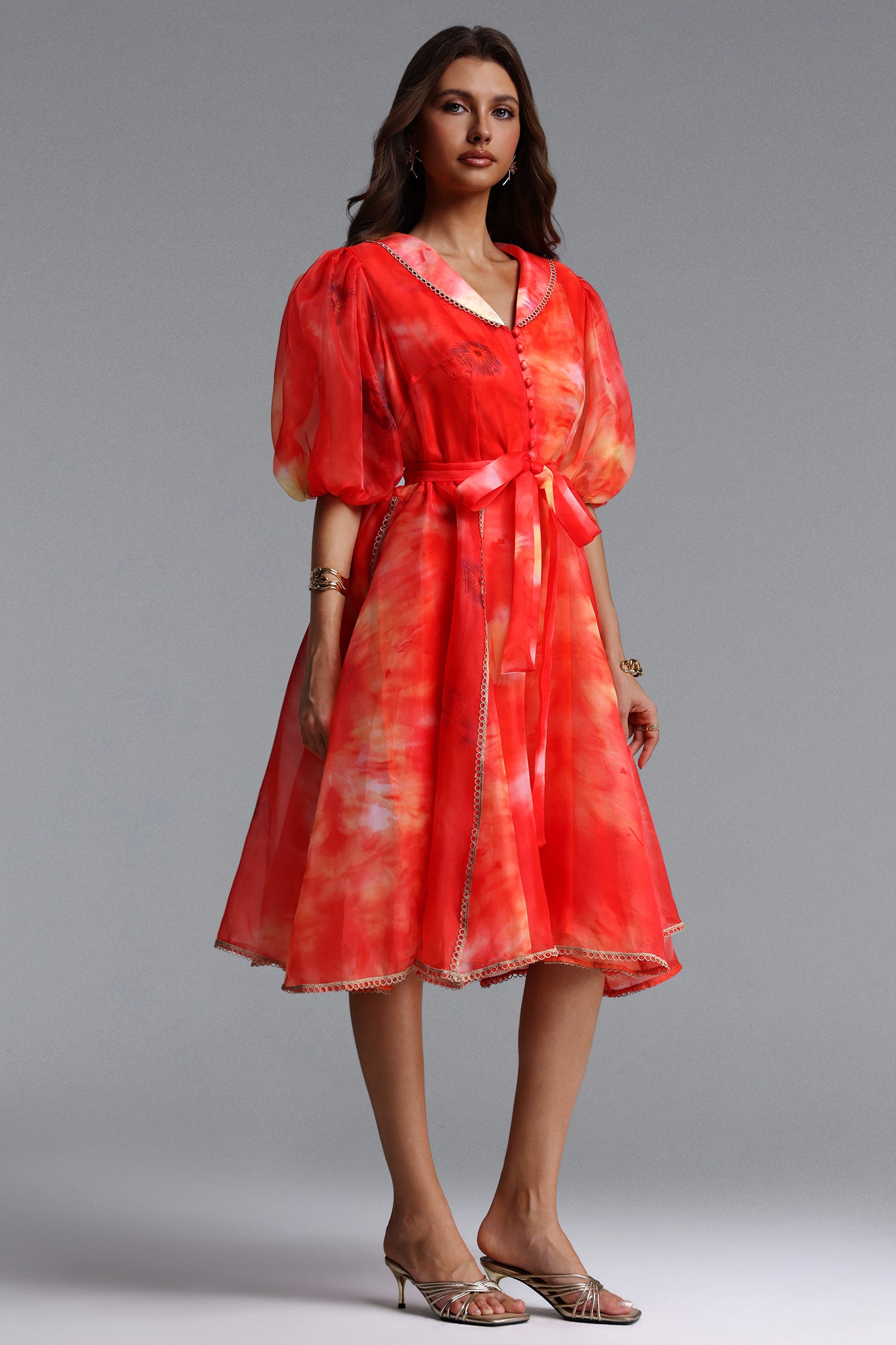 Derya Resort Flowy Puff Sleeve Print Organza Mini Dress	