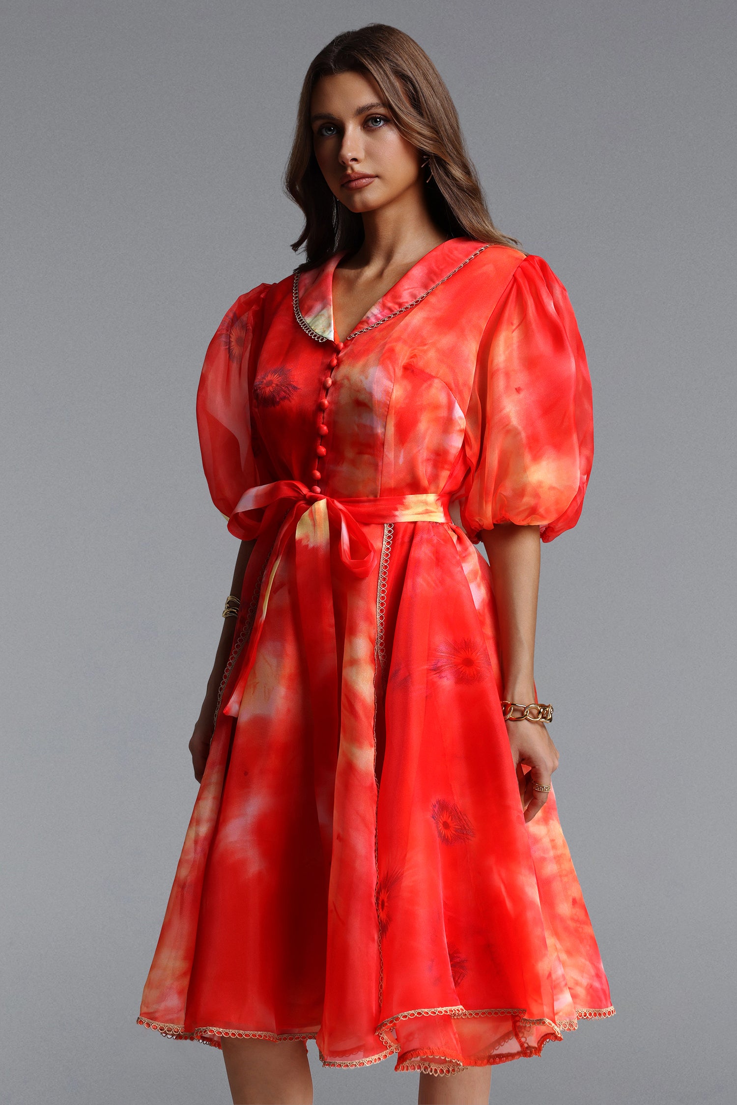 Derya Resort Flowy Puff Sleeve Print Organza Mini Dress	